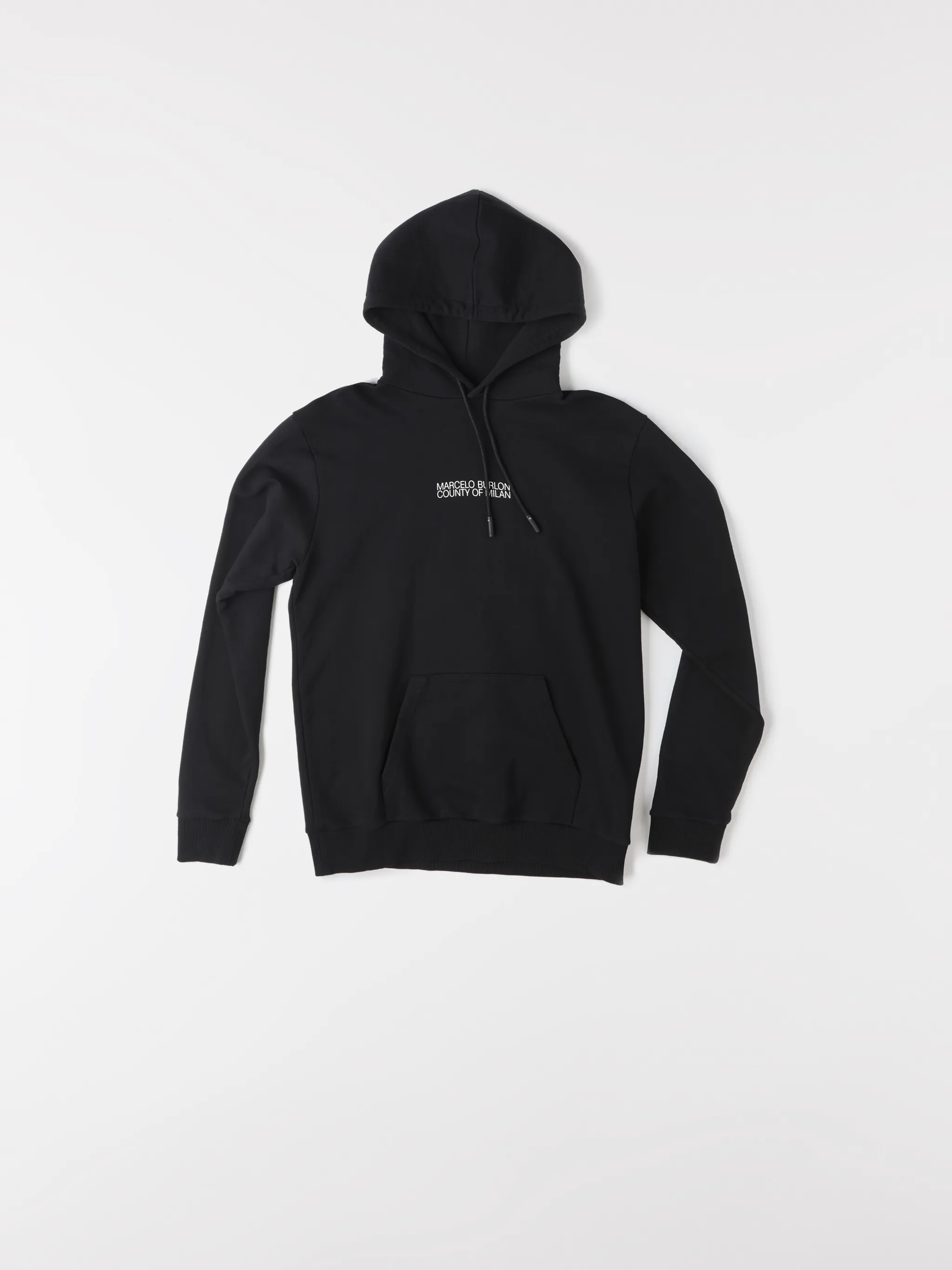 Black cotton Cross Man cotton hoodie from Marcelo Burlon County of Milan featuring logo print to the front, graphic print to the rear, ribbed edge, drawstring hood, long sleeves, front pouch pocket and straight hem.