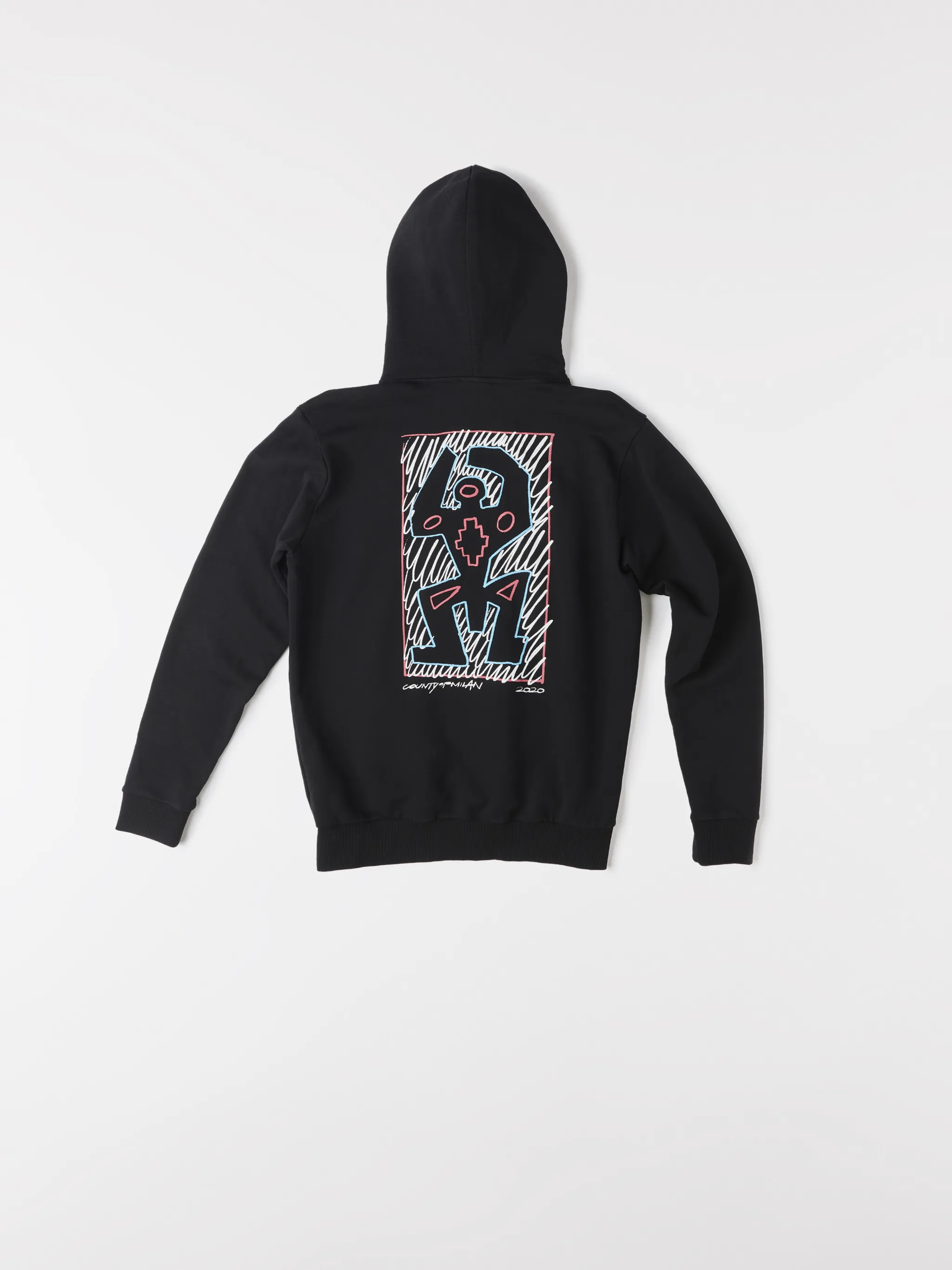 Black cotton Cross Man cotton hoodie from Marcelo Burlon County of Milan featuring logo print to the front, graphic print to the rear, ribbed edge, drawstring hood, long sleeves, front pouch pocket and straight hem.