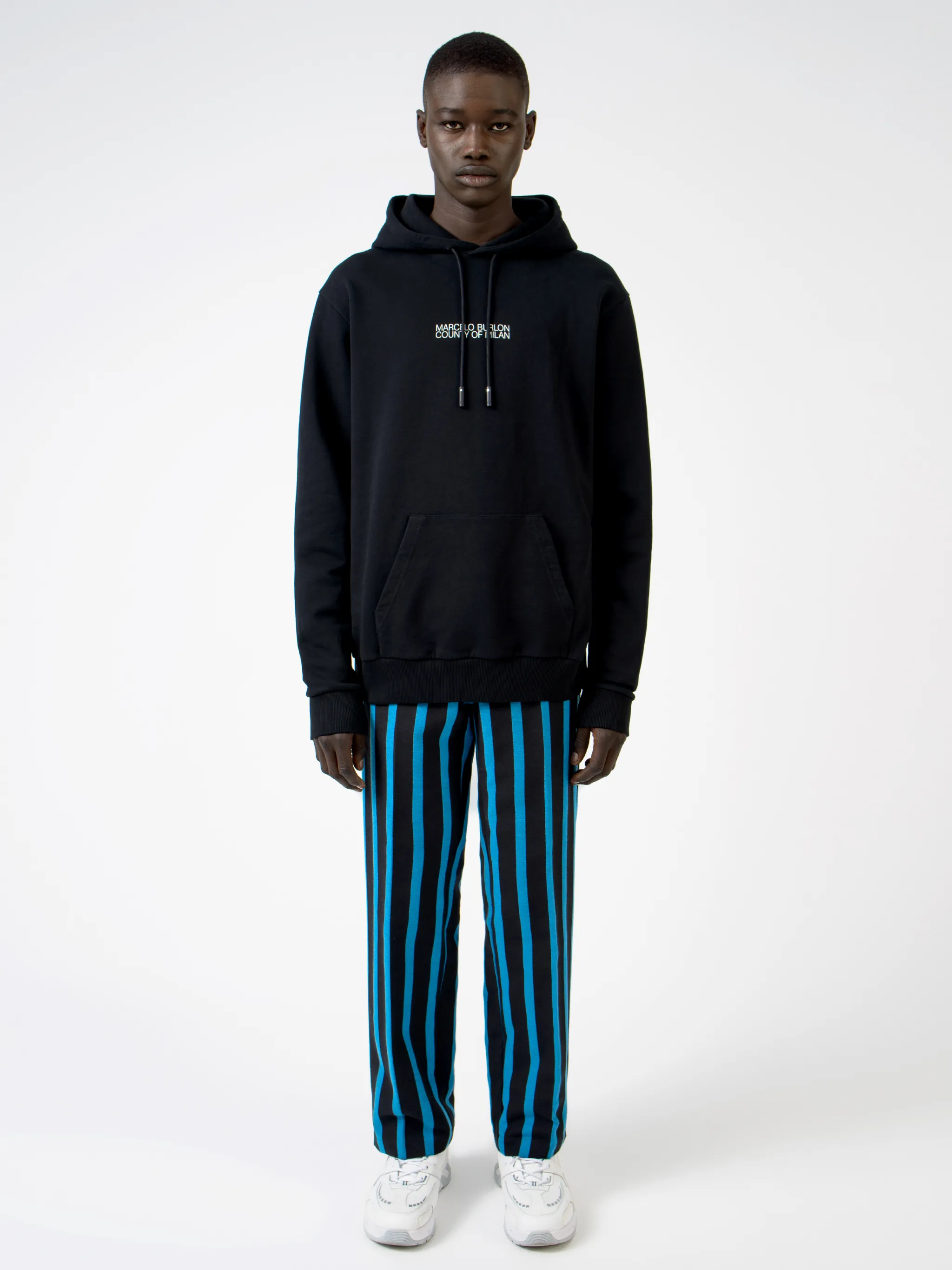 Black cotton Cross Man cotton hoodie from Marcelo Burlon County of Milan featuring logo print to the front, graphic print to the rear, ribbed edge, drawstring hood, long sleeves, front pouch pocket and straight hem.