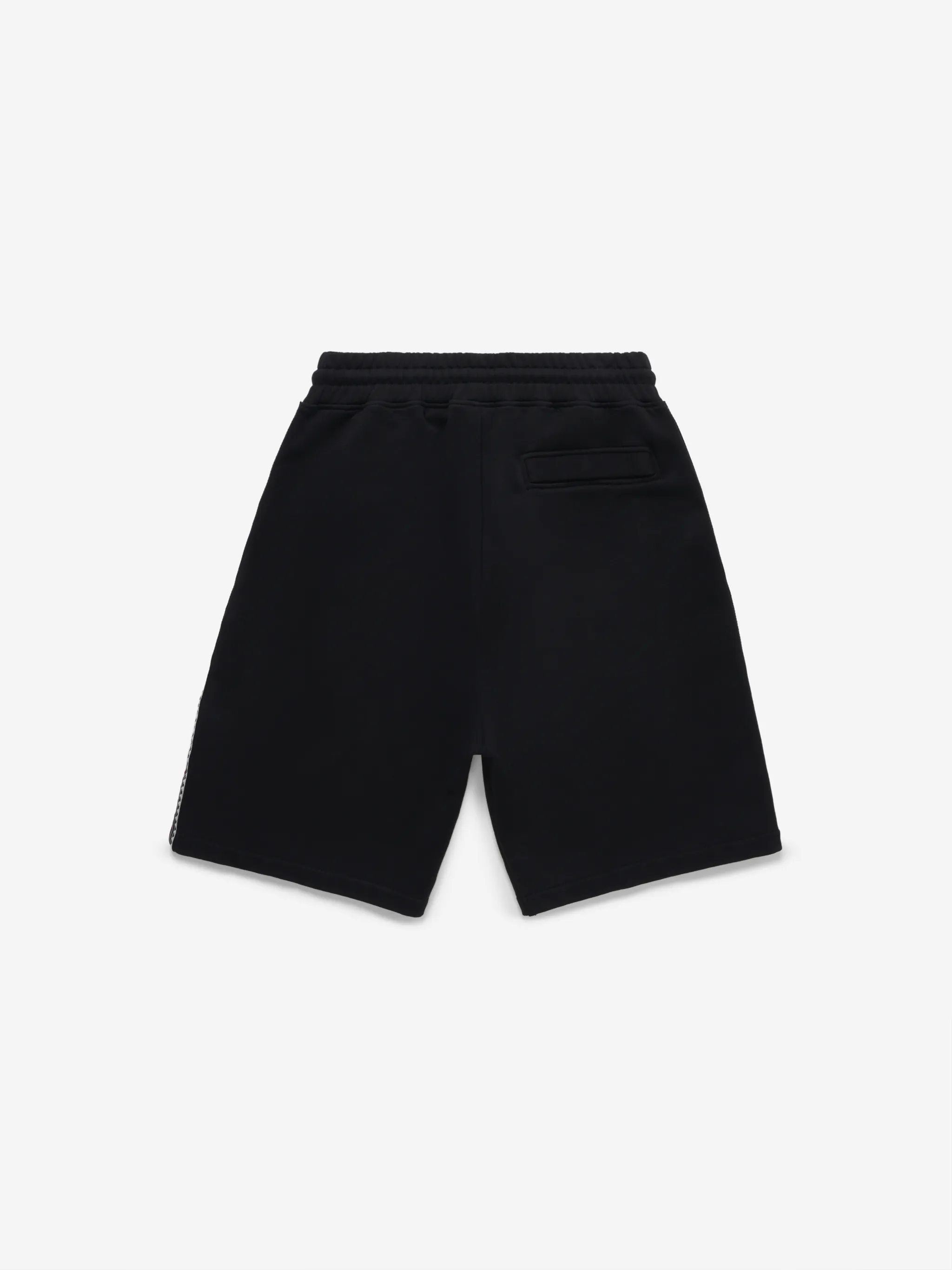 Black/red/white cotton tape-detail track shorts from Marcelo Burlon County of Milan featuring jersey fleece, tape detailing, logo print at the leg, elasticated drawstring waistband, two side slit pockets and rear welt pocket.