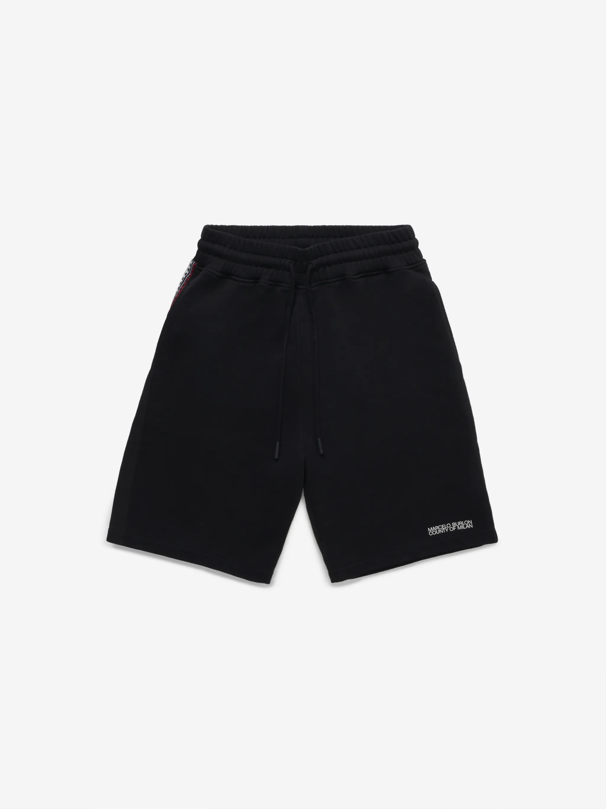Black/red/white cotton tape-detail track shorts from Marcelo Burlon County of Milan featuring jersey fleece, tape detailing, logo print at the leg, elasticated drawstring waistband, two side slit pockets and rear welt pocket.