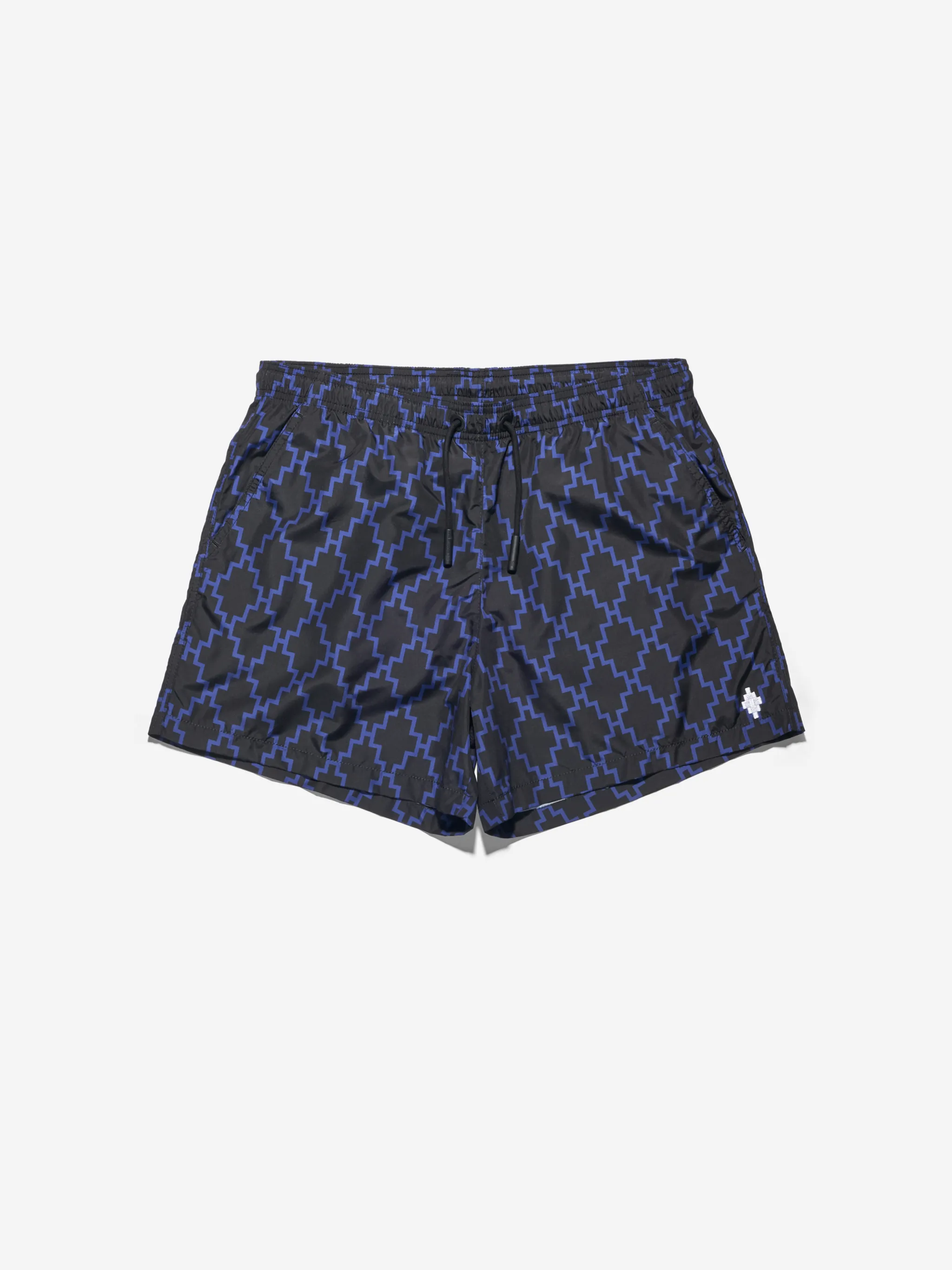 Black and blue cross pattern swimming shorts from Marcelo Burlon County of Milan featuring elasticated waistband, drawstring fastening, two side slit pockets, embroidered logo to the front, rear pouch pocket and eyelet detailing. Be mindful to try on swimwear over your own garments..