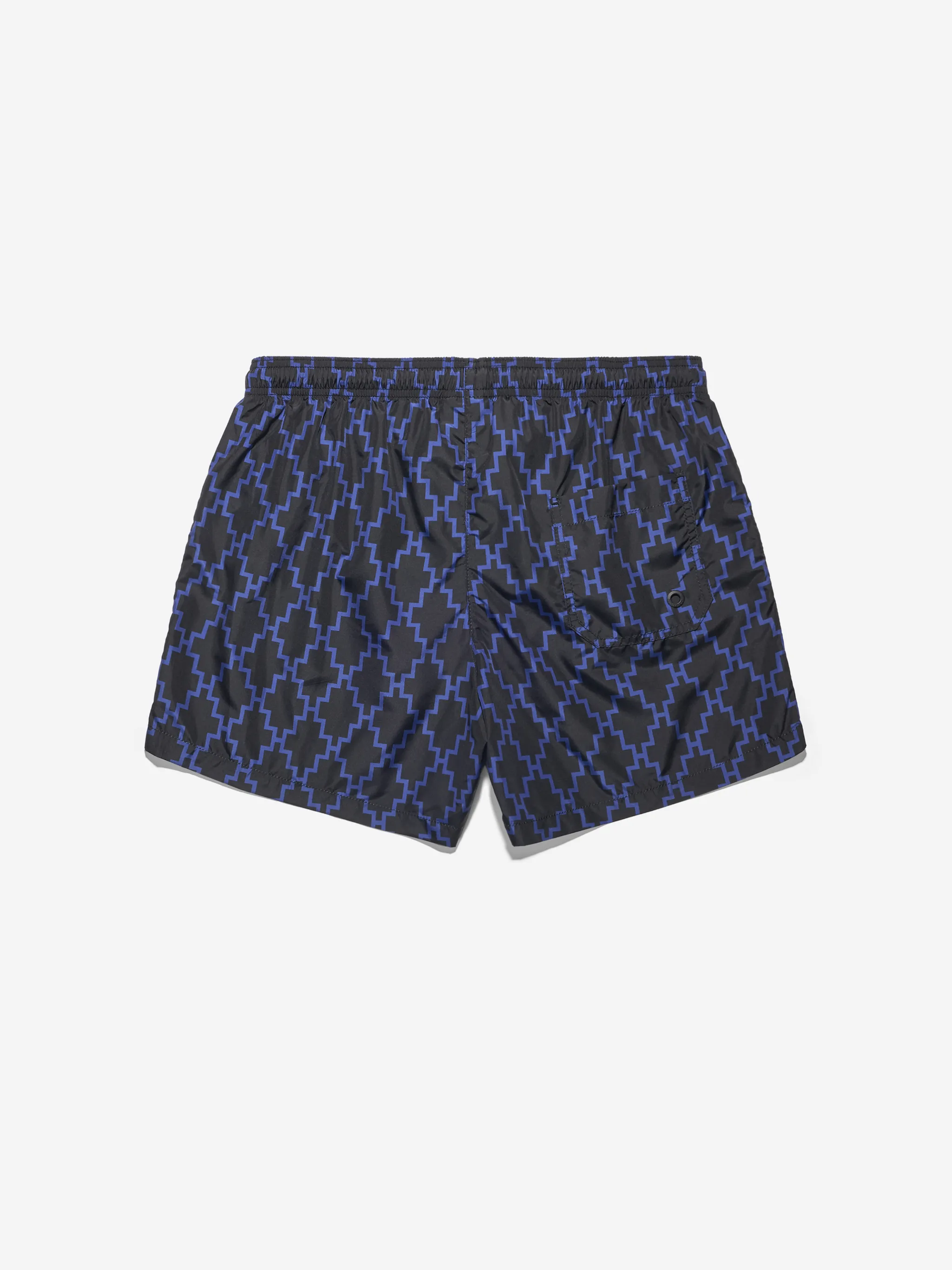 Black and blue cross pattern swimming shorts from Marcelo Burlon County of Milan featuring elasticated waistband, drawstring fastening, two side slit pockets, embroidered logo to the front, rear pouch pocket and eyelet detailing. Be mindful to try on swimwear over your own garments..