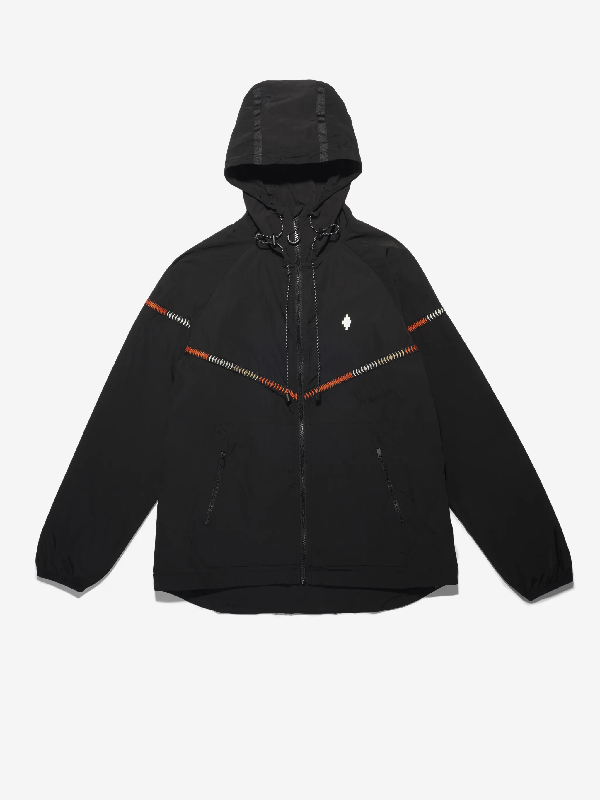 Black/multicolour tape-detail windbreaker from Marcelo Burlon County of Milan featuring drawstring hood, front zip fastening, embroidered logo to the front, geometric embroidery, long sleeves, front zip fastening pockets and elasticated cuffs.