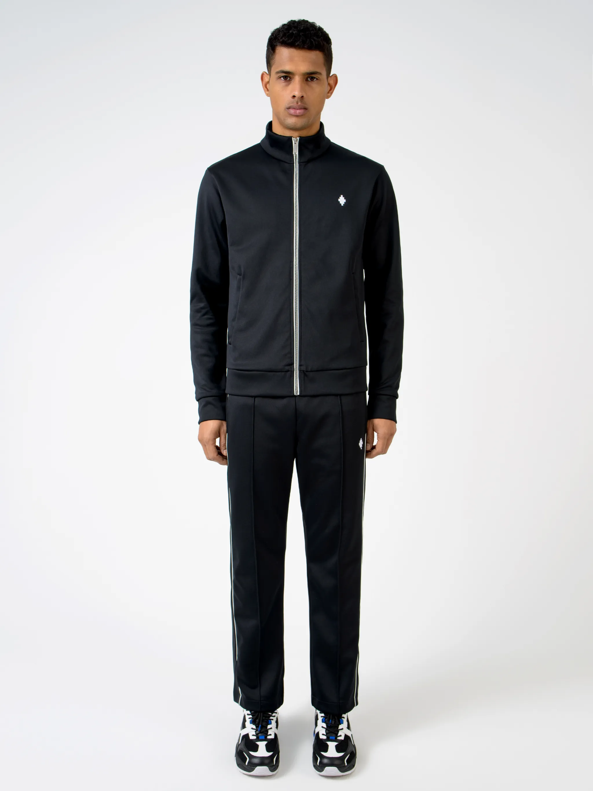 Black cotton-blend logo embroidery zip-up sweatshirt from MARCELO BURLON COUNTY OF MILAN featuring stand-up collar, front zip fastening, embroidered logo, two side slit pockets, long sleeves and loose fit.