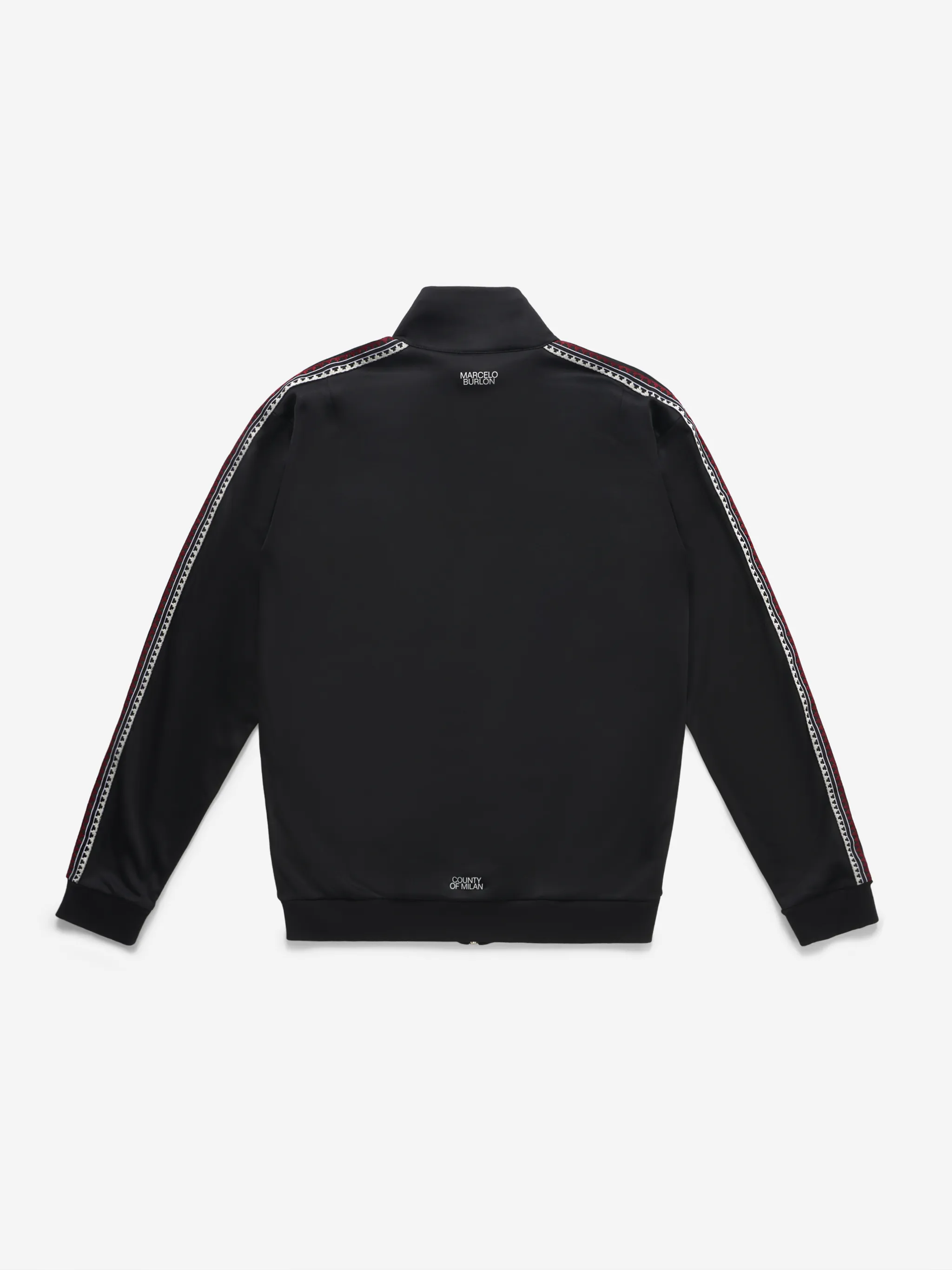Black cotton Cross logo track jacket from Marcelo Burlon County of Milan featuring signature Cross motif, logo print to the rear, side stripe detailing, high neck, front zip fastening, two side welt pockets, long sleeves and straight hem.