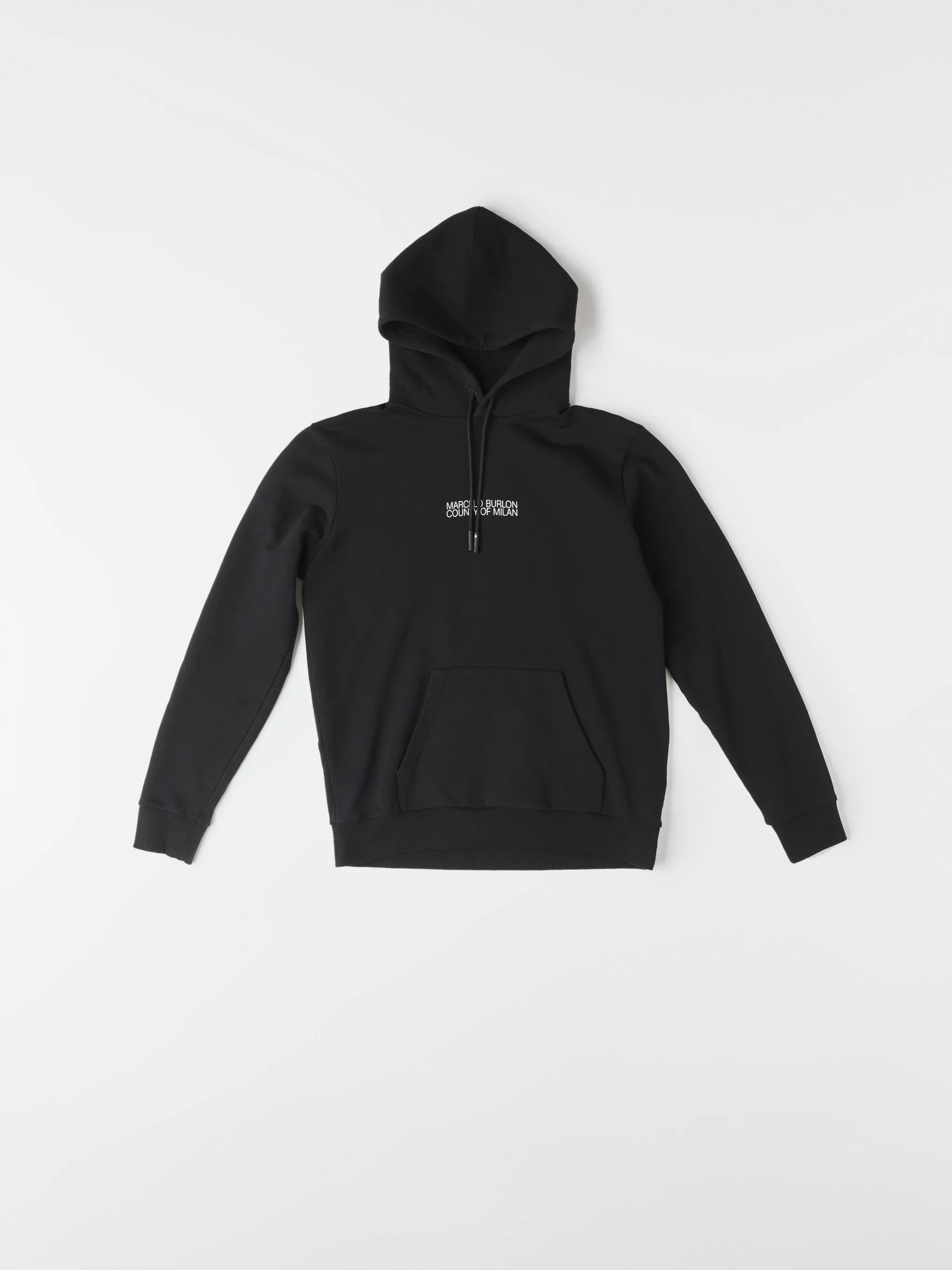 Black cotton logo print hoodie from MARCELO BURLON COUNTY OF MILAN featuring drawstring hood, logo print to the front, long sleeves, abstract pattern print, kangaroo pocket and loose fit.