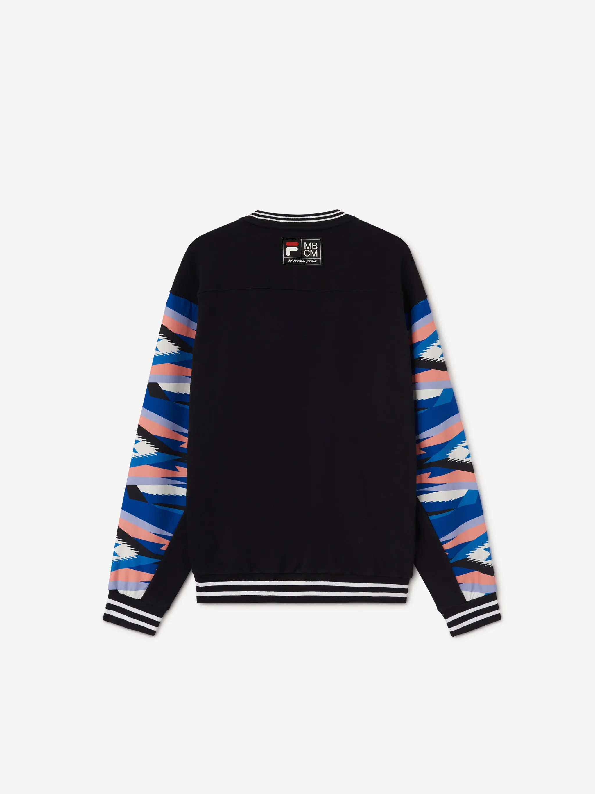 Blue/pink/black cotton x FILA geometric-print sweatshirt from Marcelo Burlon County of Milan featuring geometric-pattern print, stripe trim, logo patch to the rear, crew neck, drop shoulder, long sleeves and straight hem.