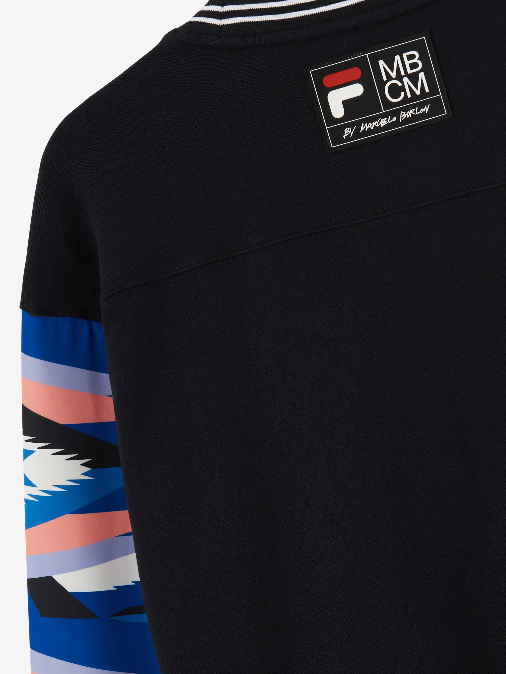 Blue/pink/black cotton x FILA geometric-print sweatshirt from Marcelo Burlon County of Milan featuring geometric-pattern print, stripe trim, logo patch to the rear, crew neck, drop shoulder, long sleeves and straight hem.