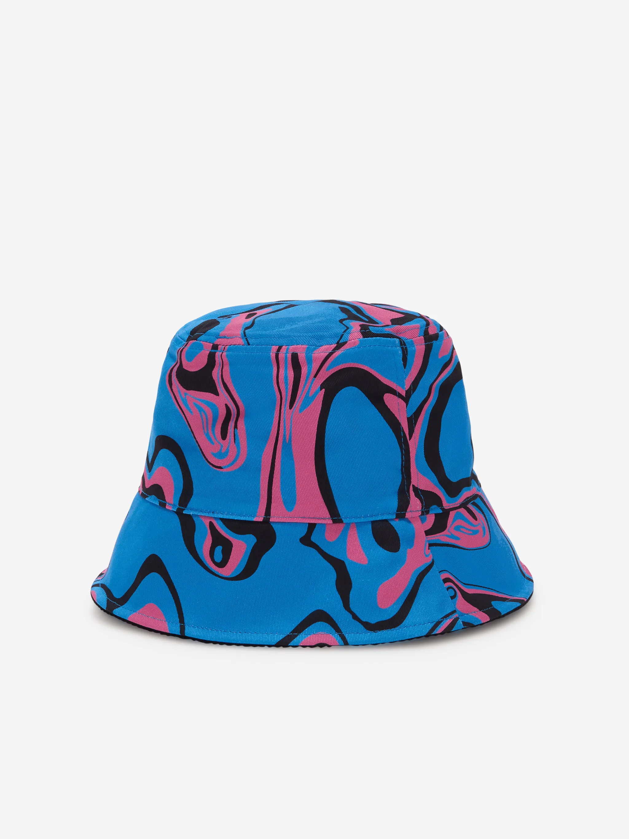 Black/multicolour cotton x Fila psychedelic bucket hat from Marcelo Burlon County of Milan featuring all-over graphic print, reversible, logo patch to the front and dropped narrow brim.