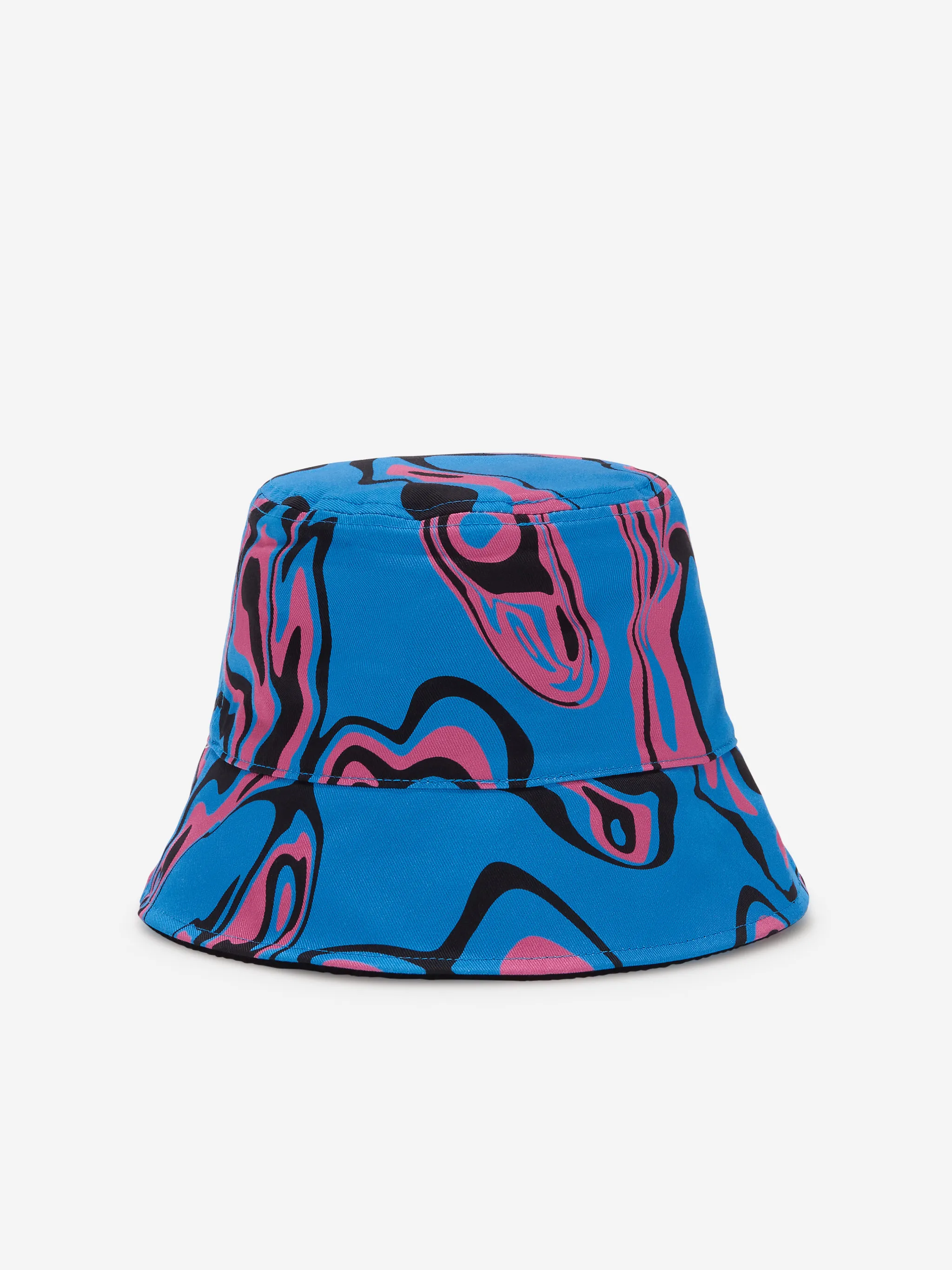 Black/multicolour cotton x Fila psychedelic bucket hat from Marcelo Burlon County of Milan featuring all-over graphic print, reversible, logo patch to the front and dropped narrow brim.
