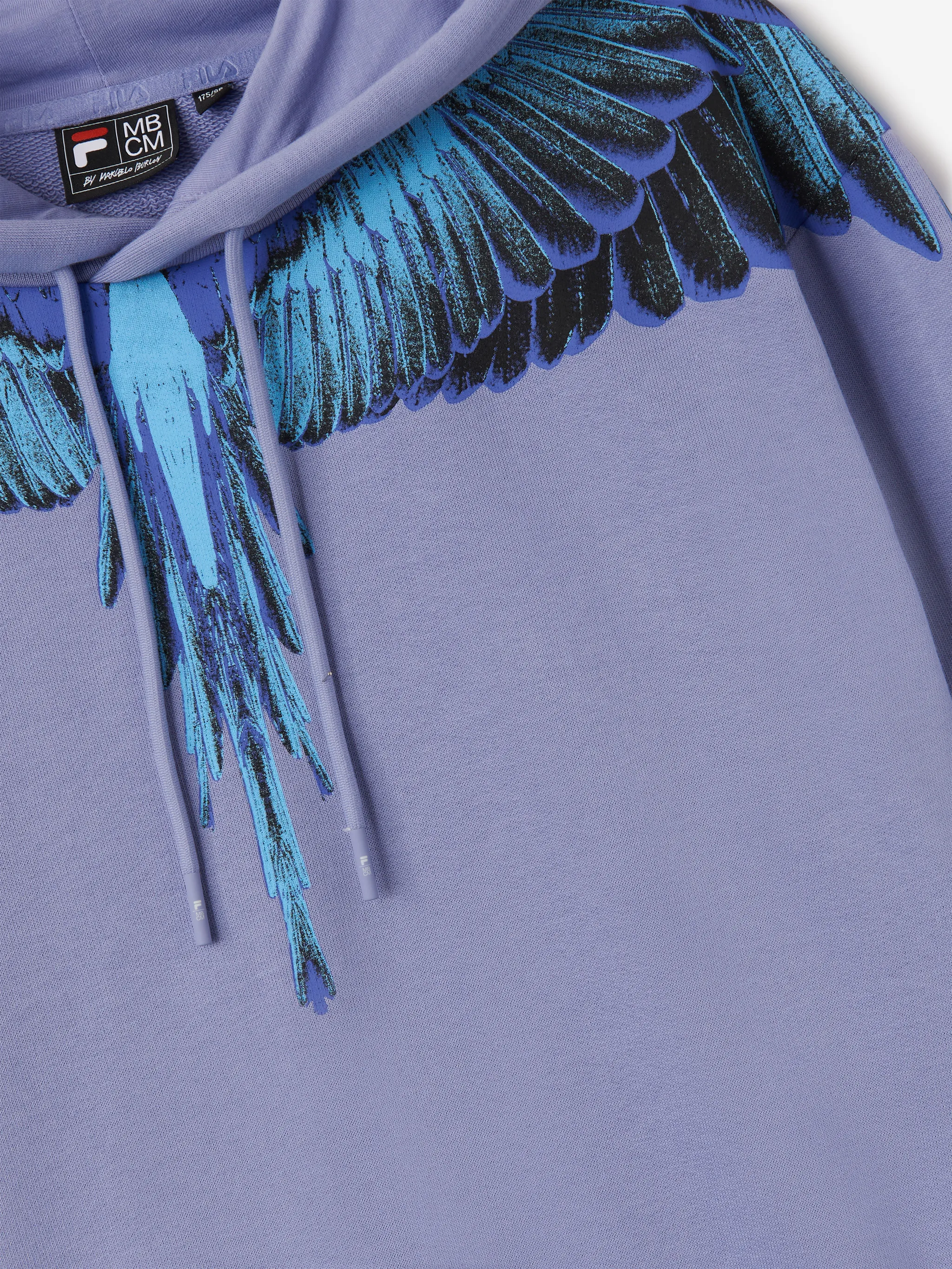 Blue/lilac cotton feather print hoodie from Marcelo Burlon County of Milan featuring feather print, logo patch to the front, drawstring hood, slip pockets to the sides, long sleeves and straight hem.