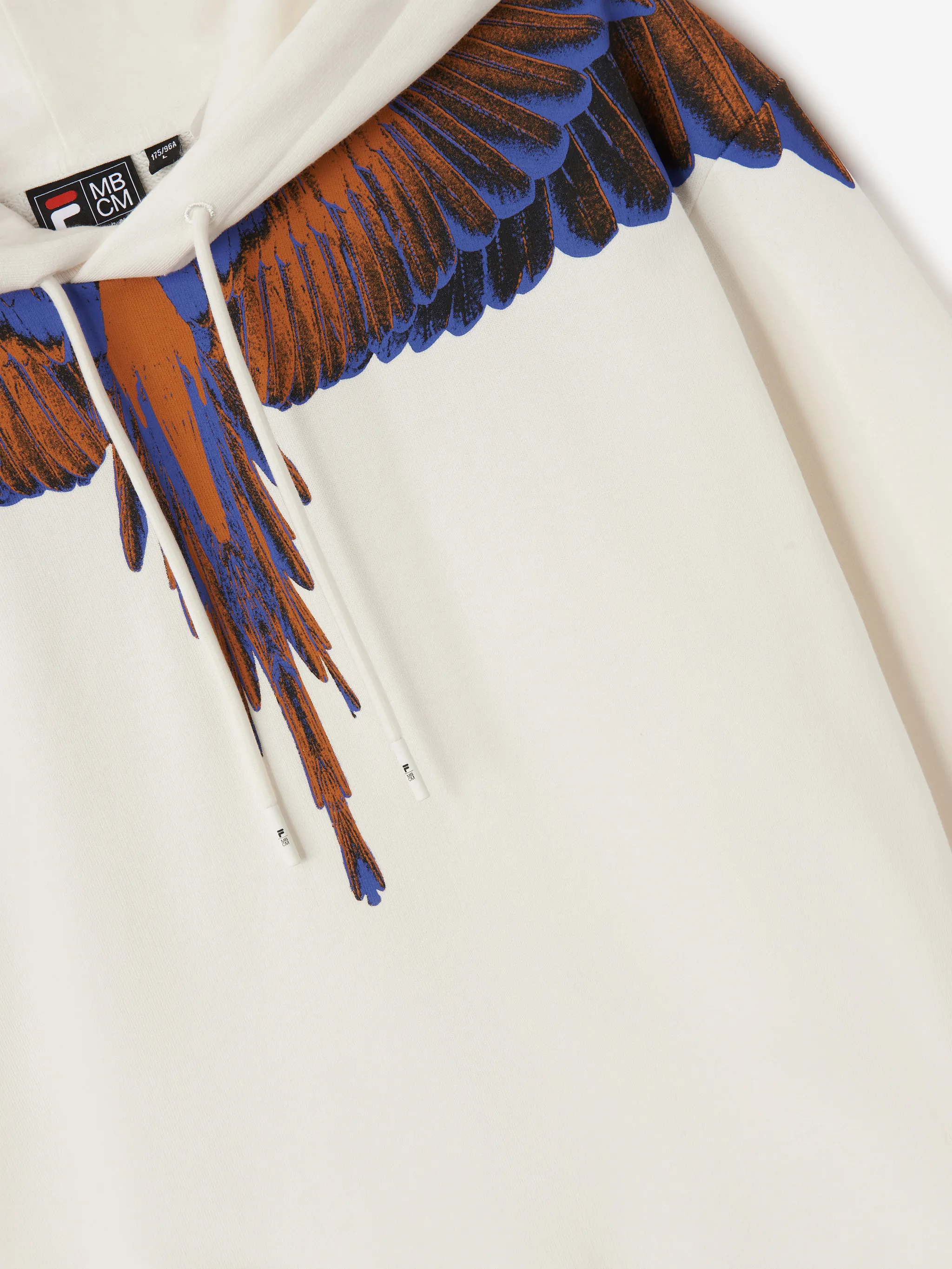 White/multicolour cotton x FILA feather print hoodie from Marcelo Burlon County of Milan featuring feather print, logo patch to the front, drawstring hood, slip pockets to the sides, long sleeves and straight hem.