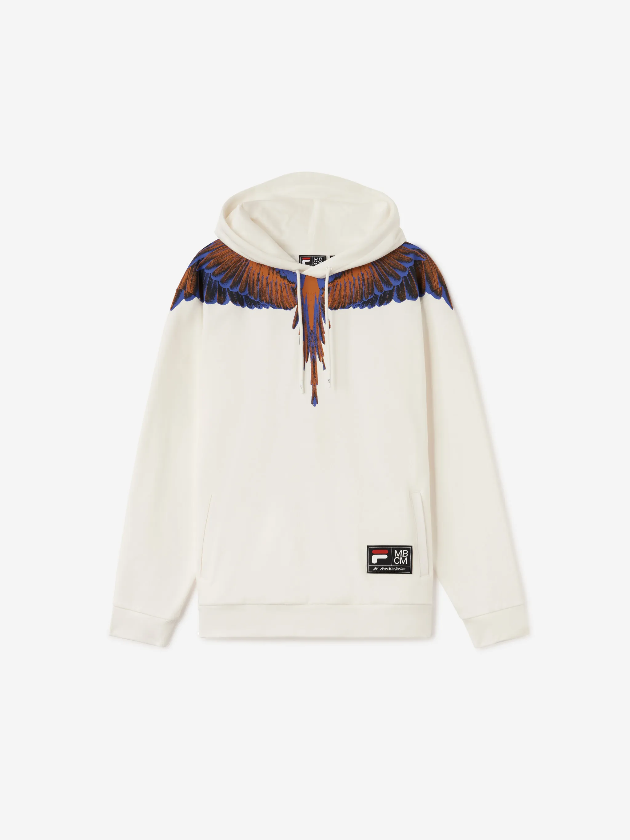 White/multicolour cotton x FILA feather print hoodie from Marcelo Burlon County of Milan featuring feather print, logo patch to the front, drawstring hood, slip pockets to the sides, long sleeves and straight hem.
