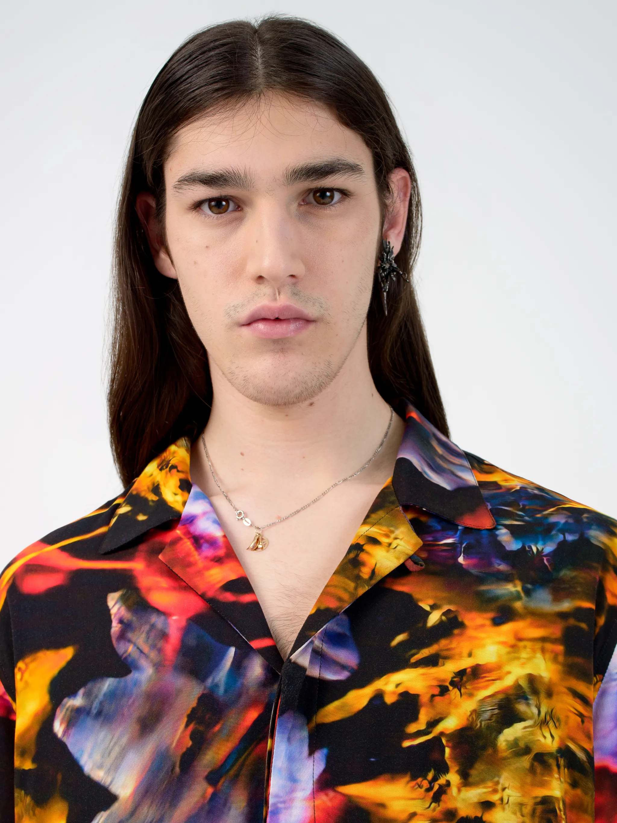 Black/multicolour graphic Flowers print shirt from Marcelo Burlon County of Milan featuring all-over floral print, classic collar, concealed front fastening, short sleeves and straight hem.