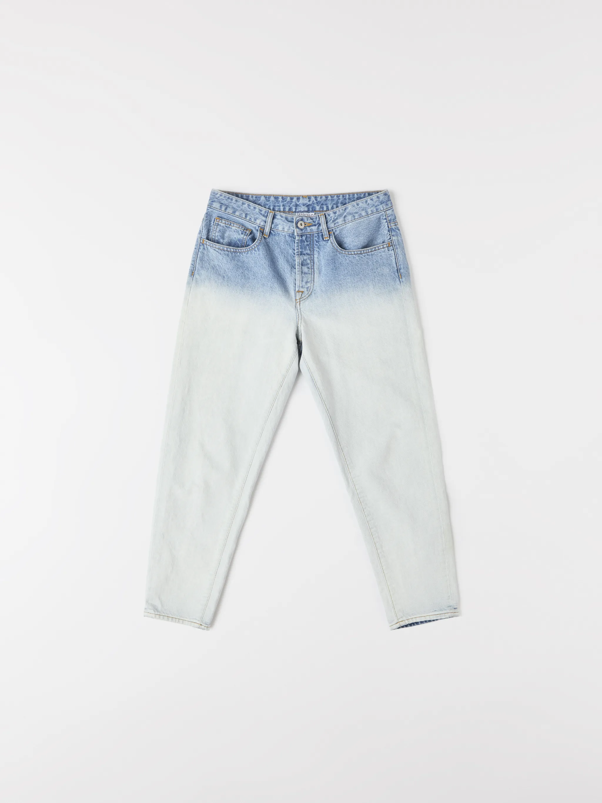Blue cotton-blend gradient-effect straight-leg jeans from Marcelo Burlon County of Milan featuring gradient effect, logo patch to the rear, belt loops, mid-rise, front button and zip fastening, straight leg and classic five pockets.