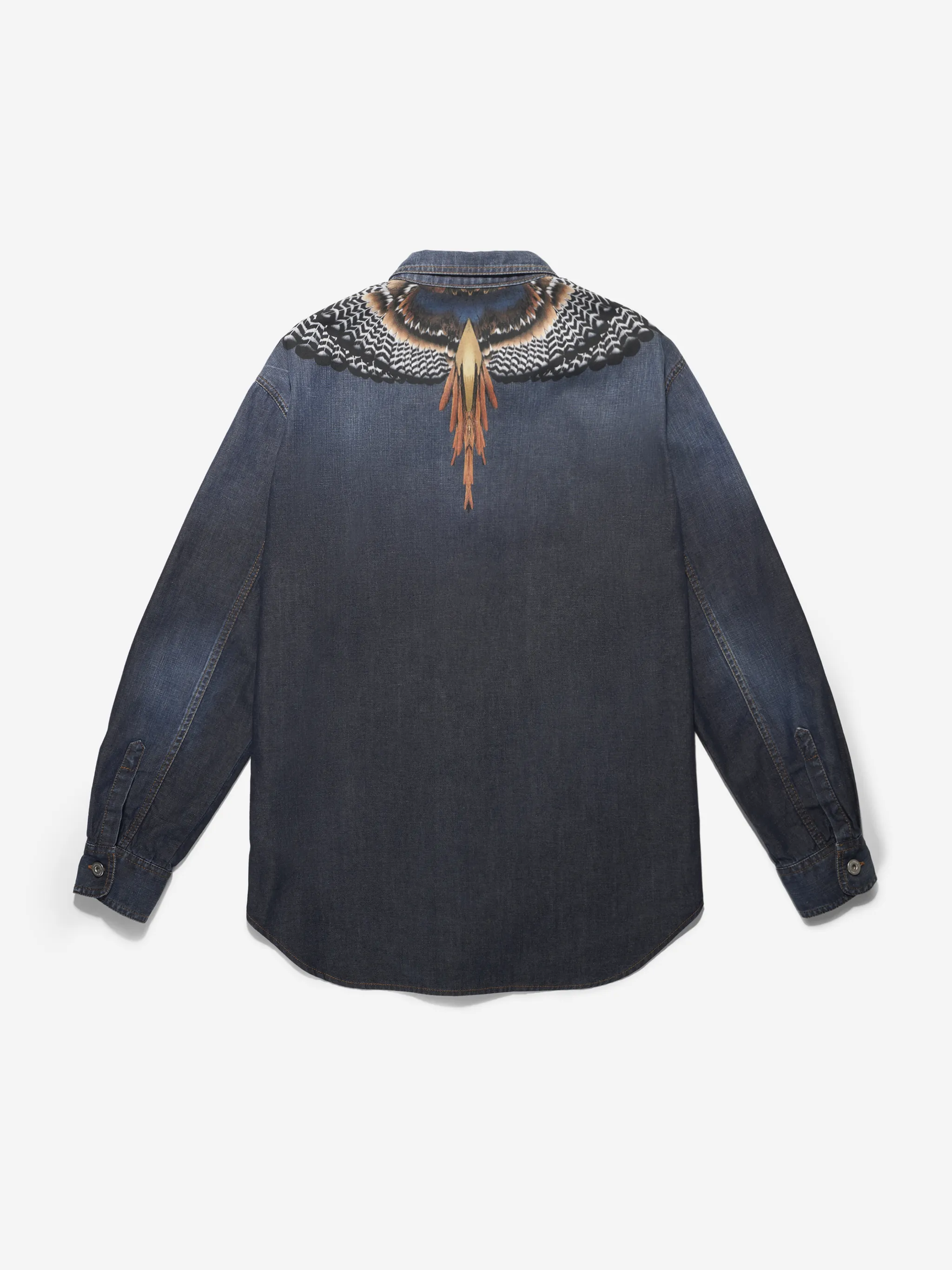 Blue/multicolour cotton-denim Wings-print denim shirt from Marcelo Burlon County of Milan featuring classic collar, wings print, front button fastening, long sleeves, buttoned cuffs and curved hem.