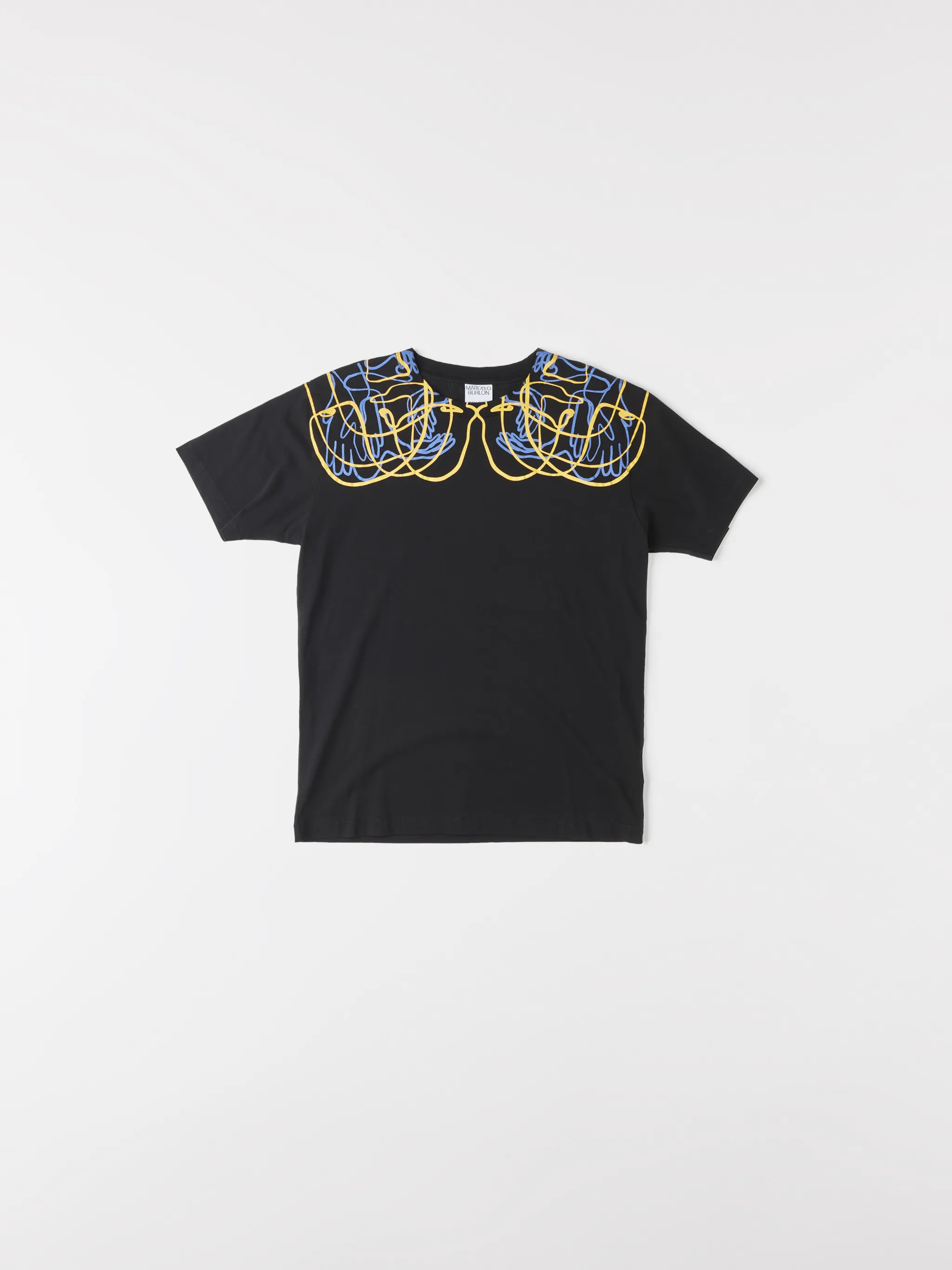 Black cotton printed T-shirt from MARCELO BURLON COUNTY OF MILAN featuring round neck, short sleeves, straight hem and abstract pattern print.