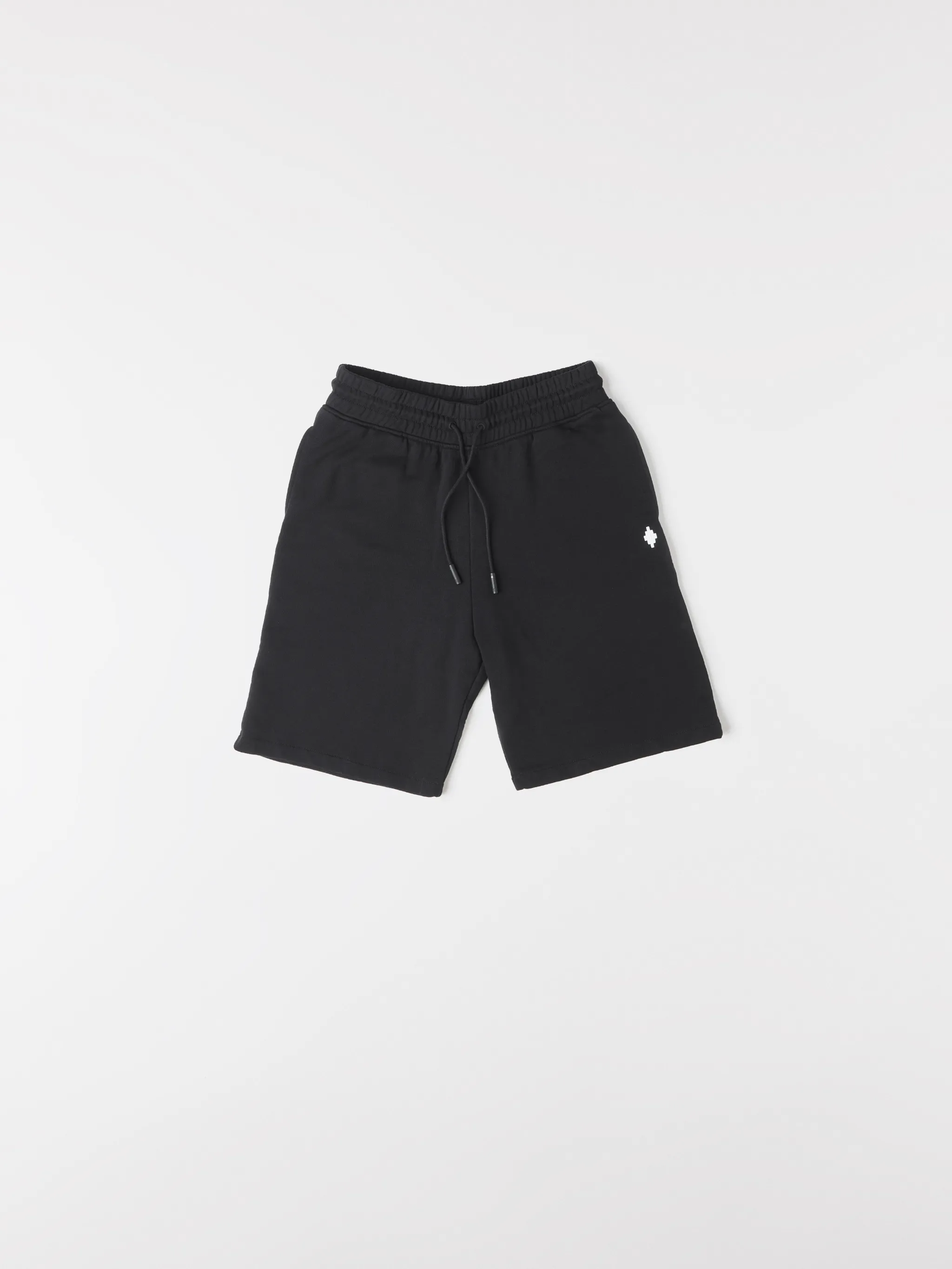 Black cotton printed Illustrated track shorts from Marcelo Burlon County of Milan featuring logo print to the rear, elasticated waistband, drawstring fastening, two side patch pockets, embroidered logo, rear pouch pocket and tonal stitching.