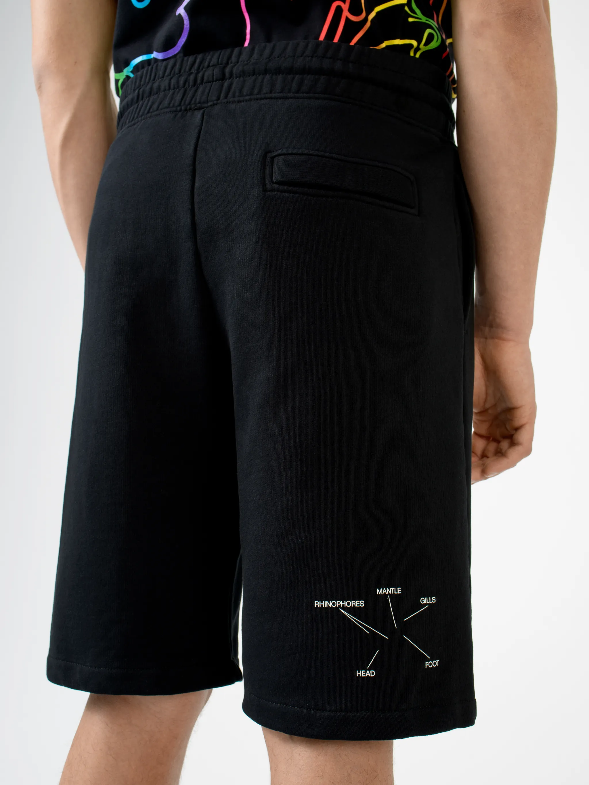 Black cotton printed Illustrated track shorts from Marcelo Burlon County of Milan featuring logo print to the rear, elasticated waistband, drawstring fastening, two side patch pockets, embroidered logo, rear pouch pocket and tonal stitching.