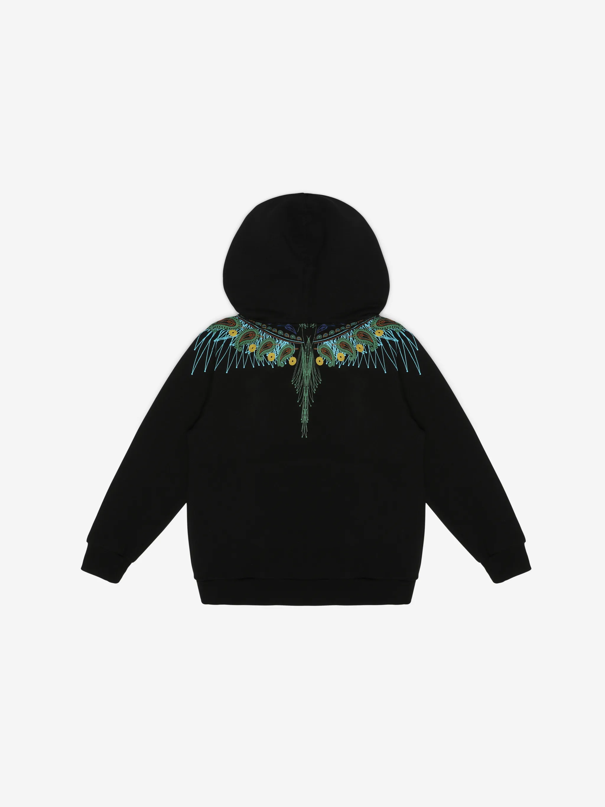 black cotton blend crew neck signature Marcelo Burlon Wings print paisley print long sleeves elasticated cuffs elasticated hem front pouch pocket