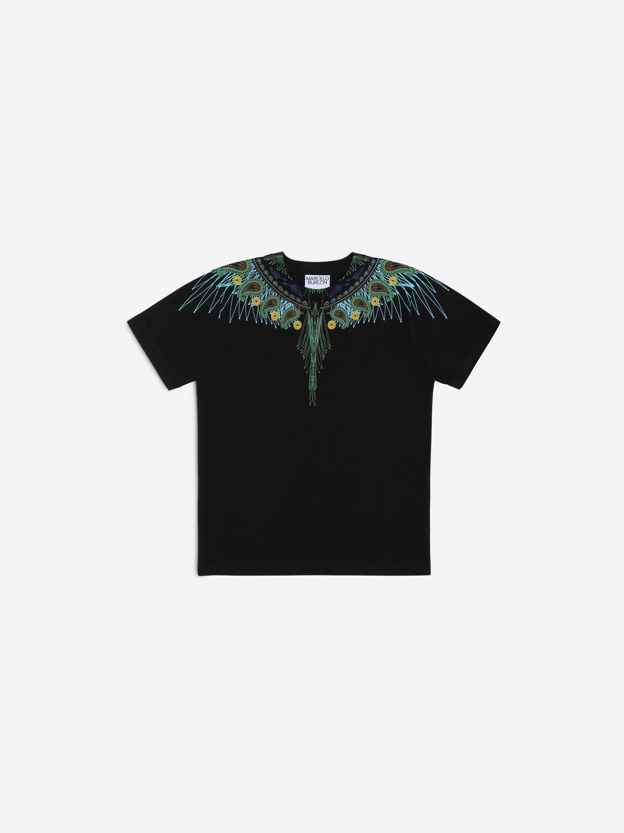 Black cotton Bandana Wings print T-shirt from Marcelo Burlon Kids featuring signature Marcelo Burlon Wings print, round neck, short sleeves and straight hem.
