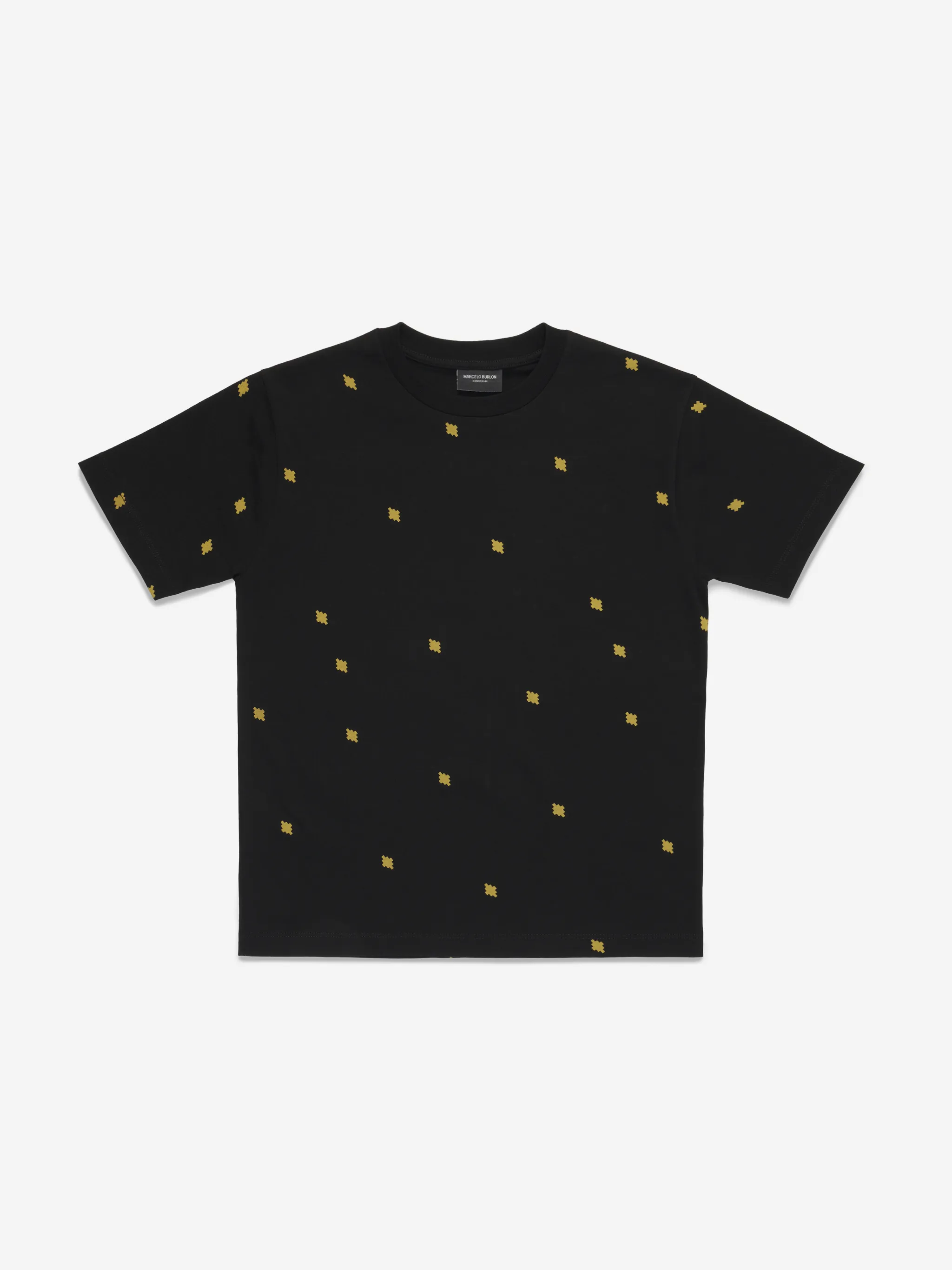 Black cotton all-over logo print T-shirt from Marcelo Burlon Kids featuring all-over logo print, round neck, short sleeves and straight hem.