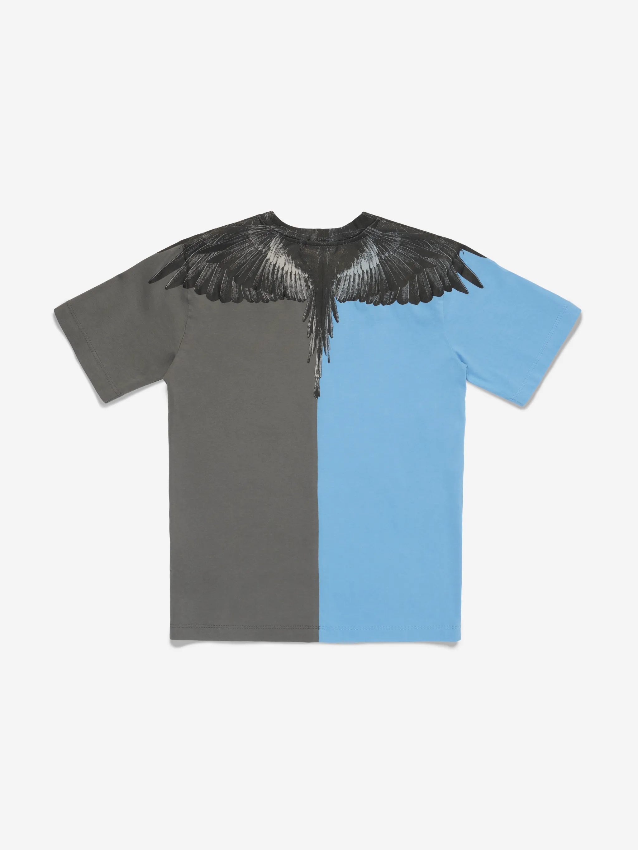 Light blue/grey cotton two-tone Wings print T-shirt from Marcelo Burlon Kids featuring signature Marcelo Burlon Wings print, two-tone design, short sleeves, round neck and straight hem.