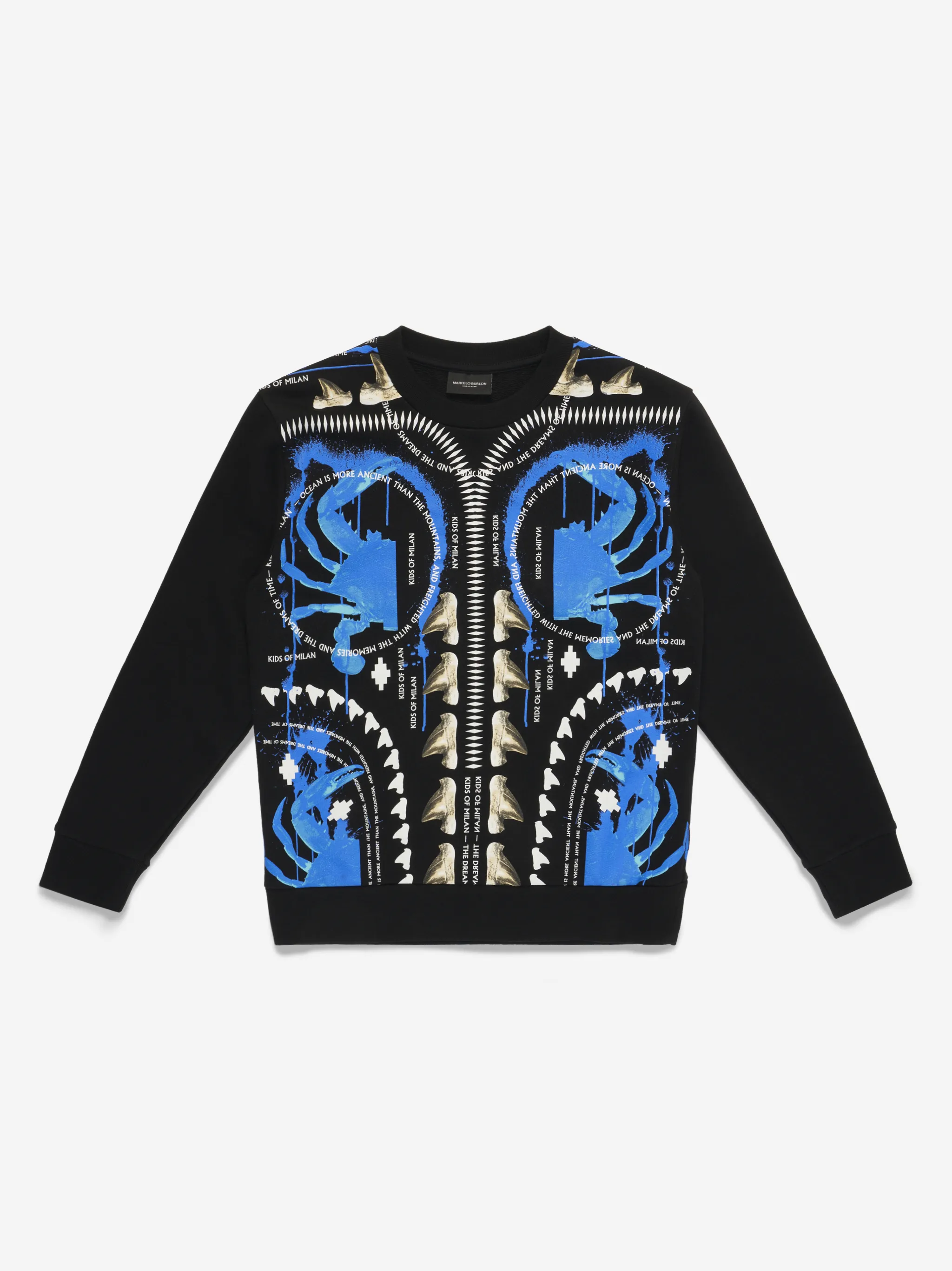 Black/blue cotton spray-effect sweatshirt from Marcelo Burlon Kids featuring logo print to the front, ribbed detailing, round neck, long sleeves, straight hem and spray-effect.