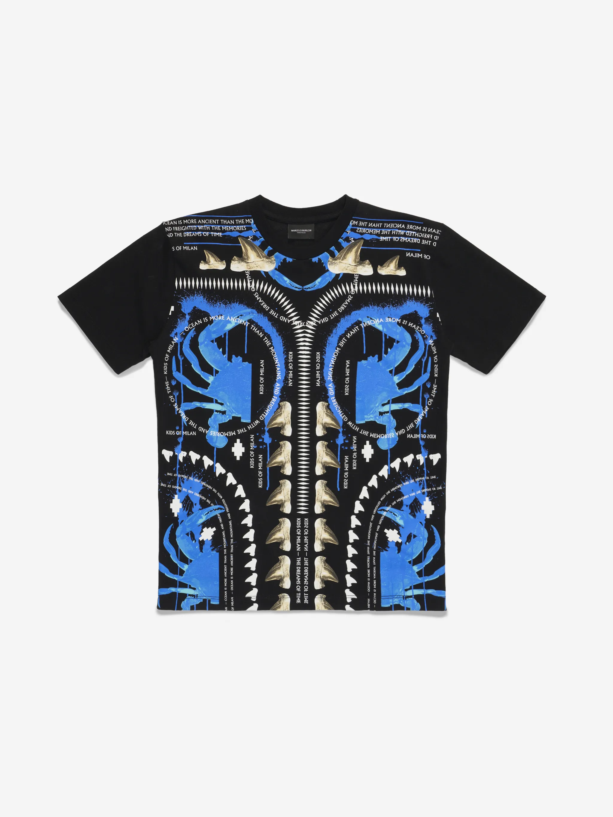 Black/blue cotton all-over spray T-shirt from Marcelo Burlon Kids featuring round neck, short sleeves, straight hem, spray-effect and logo print to the front.
