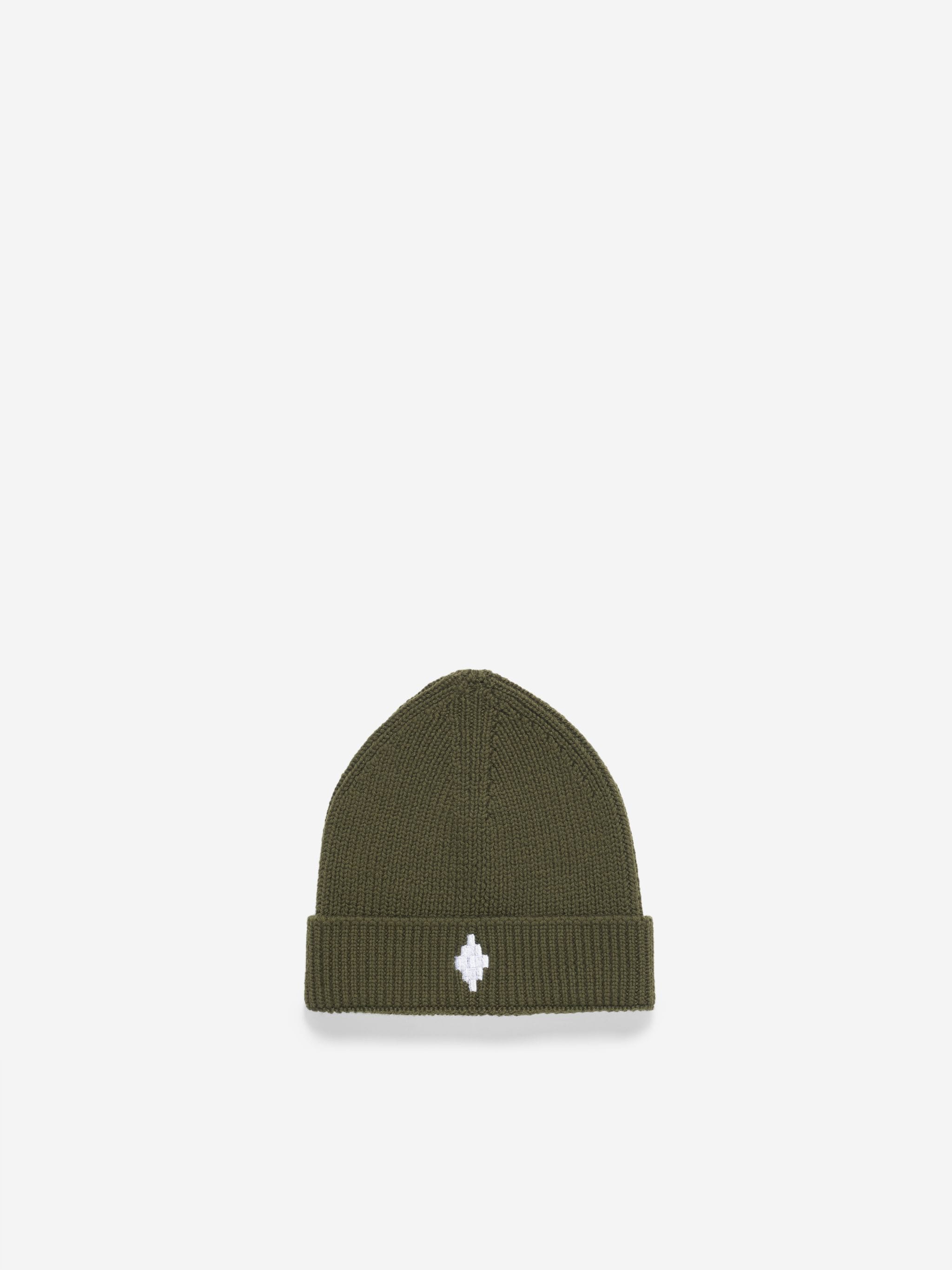 Military green wool-blend logo-embroidered ribbed-knit hat from Marcelo Burlon Kids featuring ribbed knit, embroidered logo and folded edge.