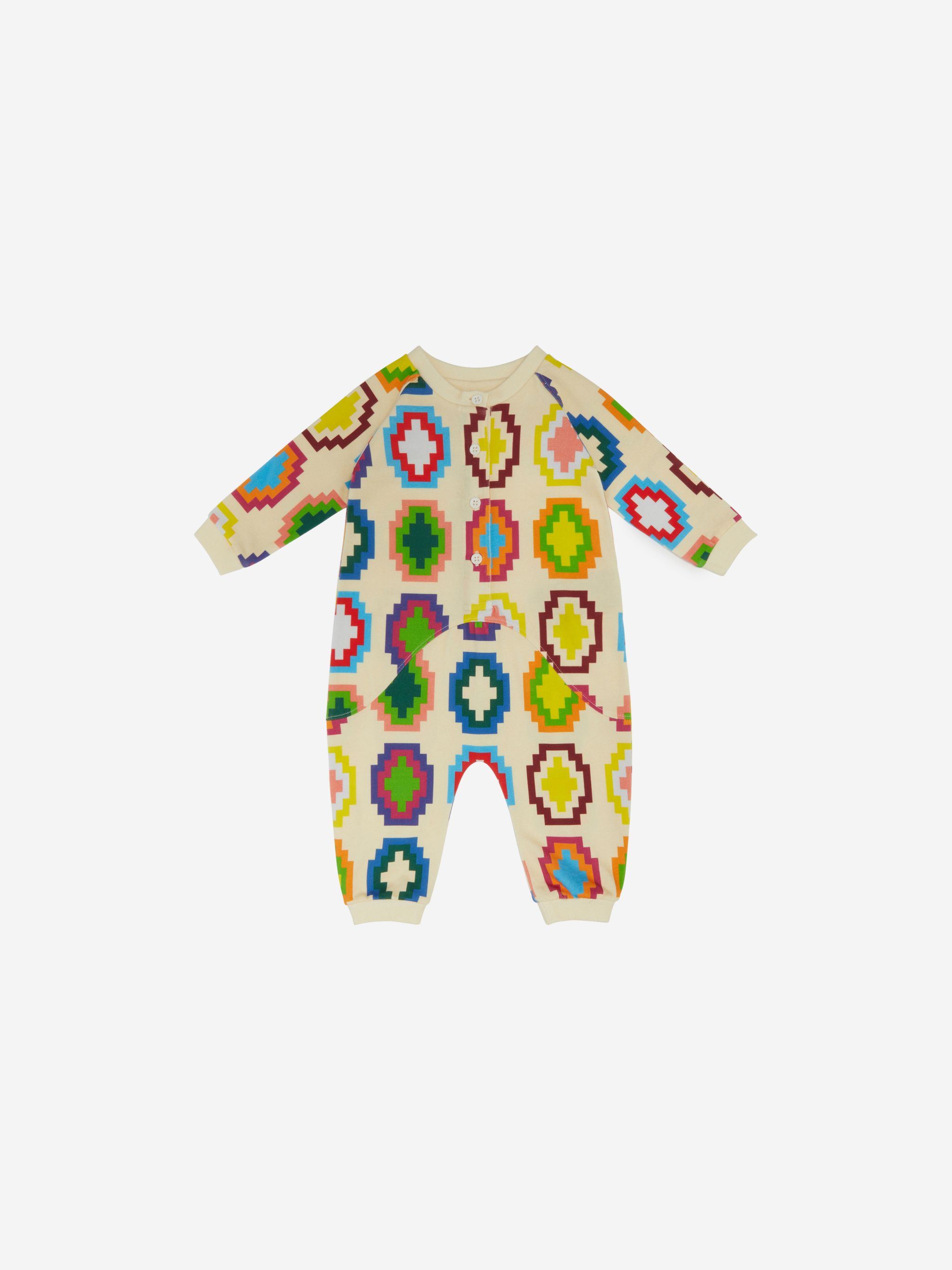 all-over Cross romper from Marcelo Burlon Kids featuring multicolour, cotton, signature Cross motif, round neck, front button placket, long sleeves and press-stud fastening cuffs.