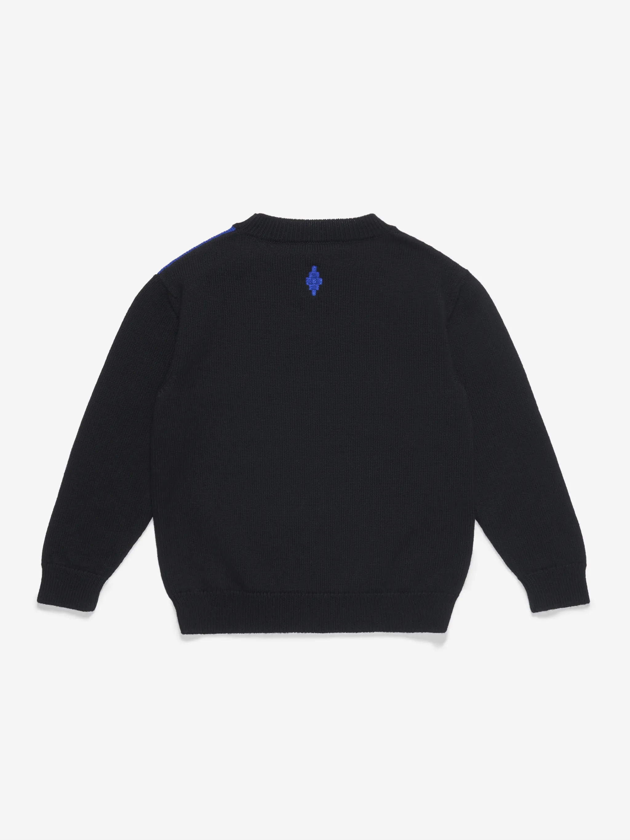 Black/blue wool Half Cross-motif knitted jumper from Marcelo Burlon Kids featuring knitted construction, signature Cross motif, crew neck, long sleeves, ribbed cuffs and ribbed hem.