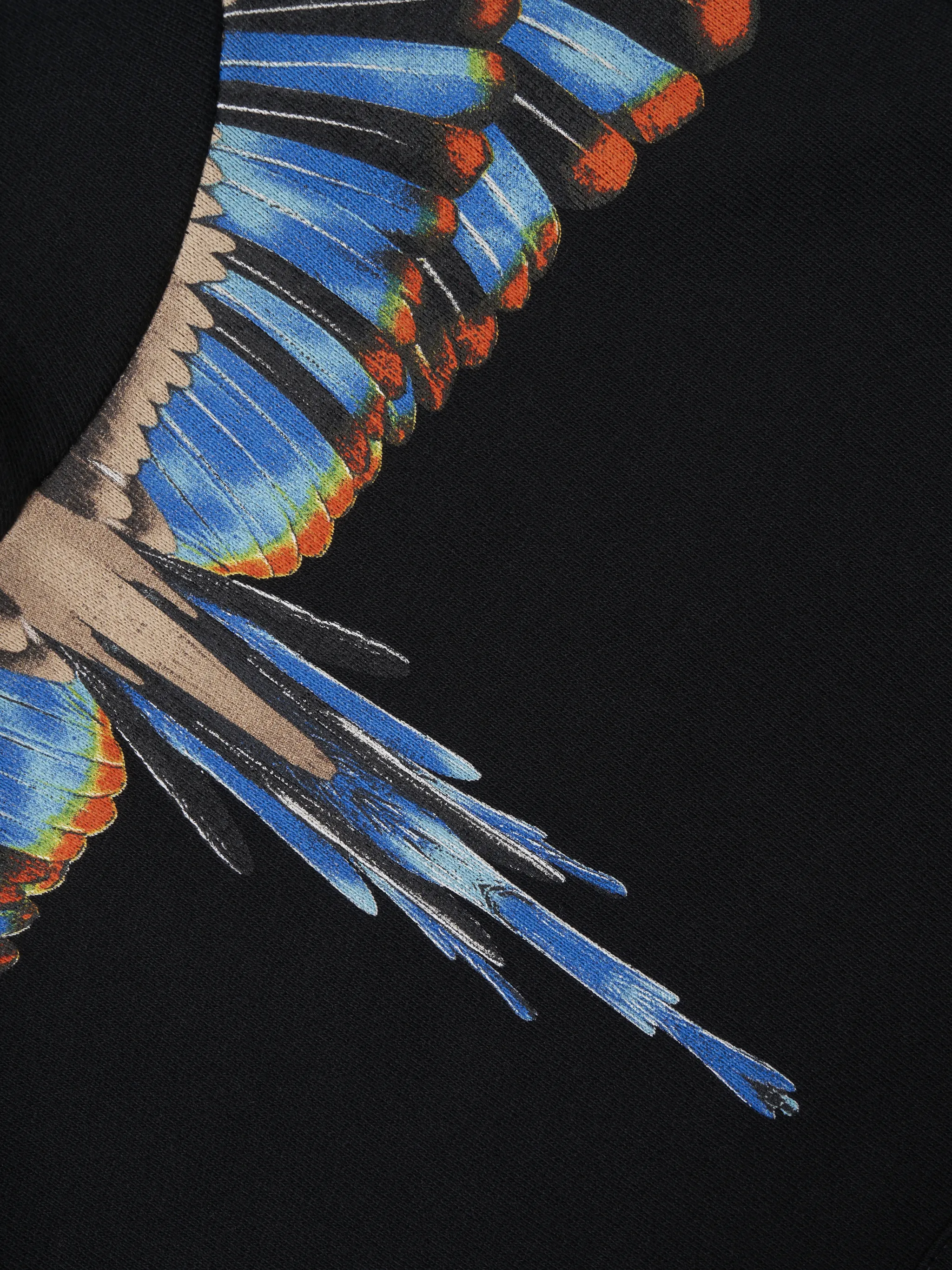 Black cotton-blend wings-print hoodie from Marcelo Burlon Kids featuring signature Marcelo Burlon Wings print, classic hood, long sleeves and single patch pocket.