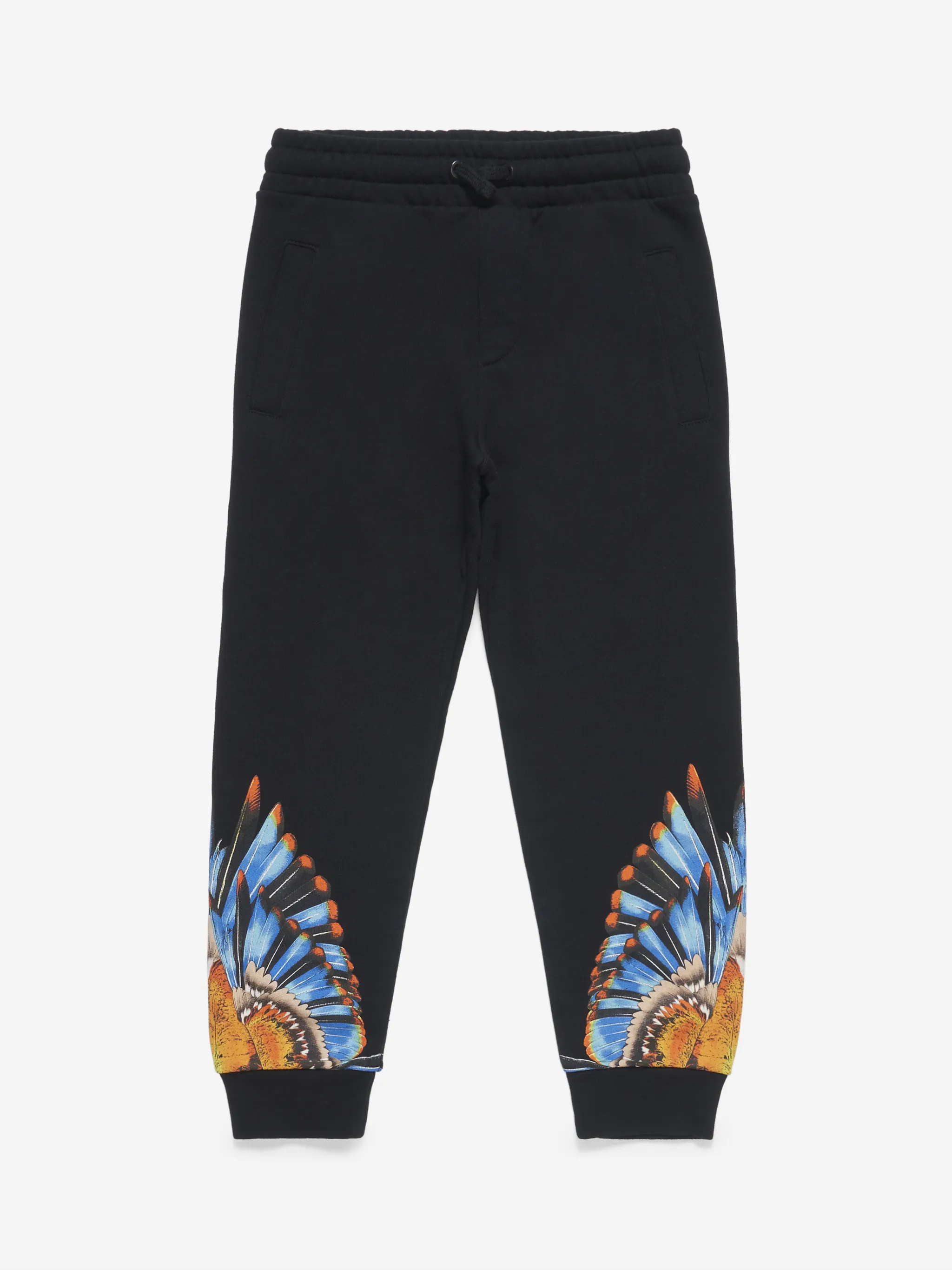 Black cotton-blend wings-print track pants from Marcelo Burlon Kids featuring signature Marcelo Burlon Wings print, elasticated drawstring waistband, two side inset pockets and elasticated ankles.