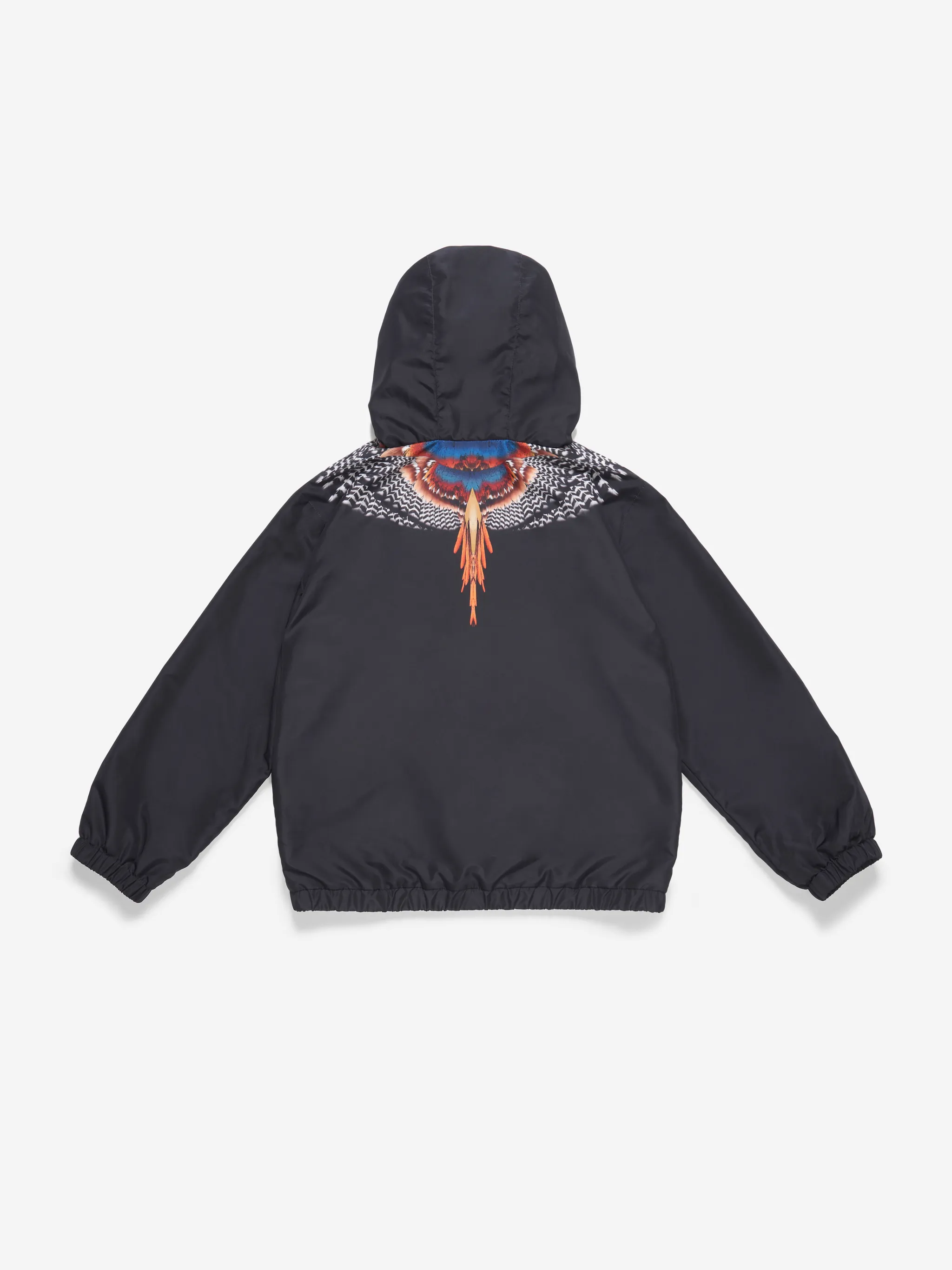 Black wings print windbreaker from Marcelo Burlon Kids featuring wings print, classic hood, front zip fastening, long sleeves, elasticated cuffs and straight hem.