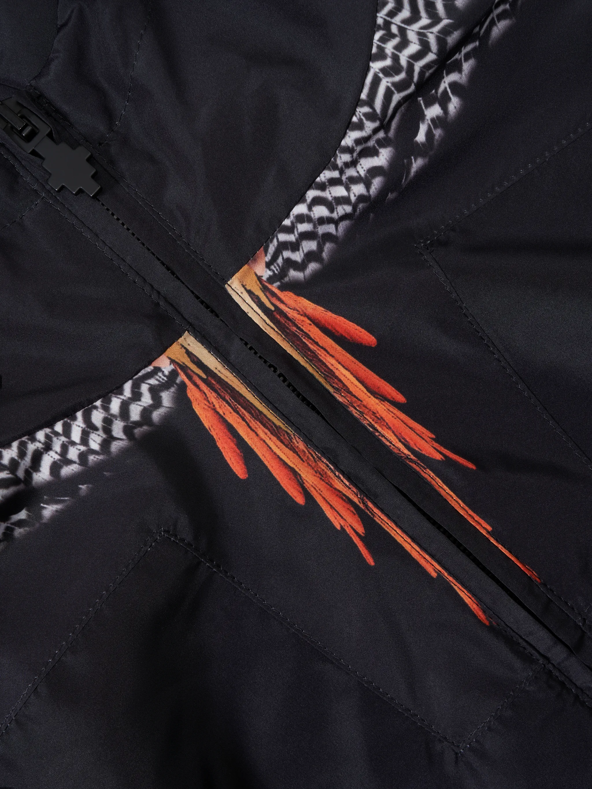 Black wings print windbreaker from Marcelo Burlon Kids featuring wings print, classic hood, front zip fastening, long sleeves, elasticated cuffs and straight hem.