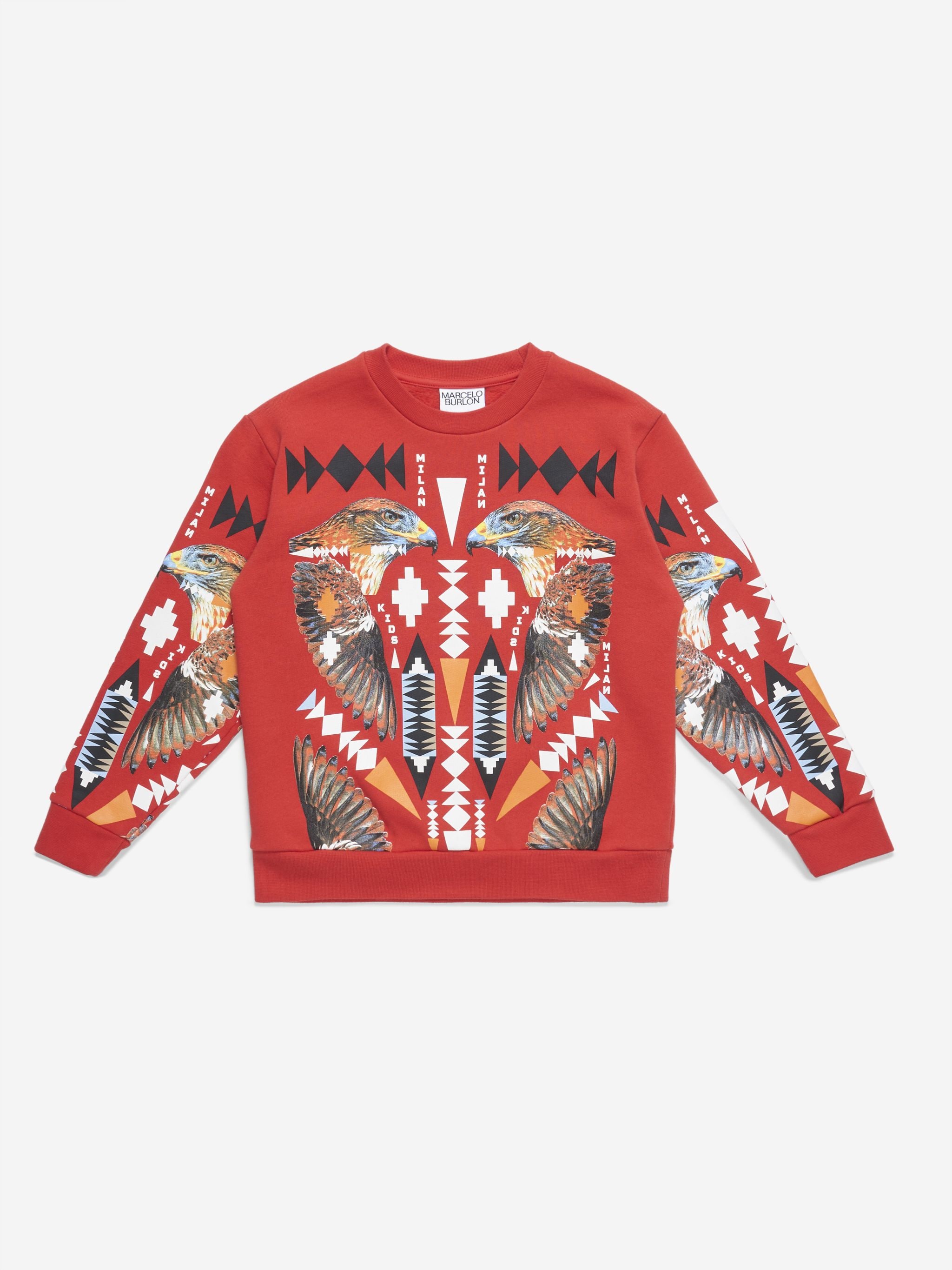 Bright red/multicolour cotton-blend falcon-motif cotton sweatshirt from Marcelo Burlon Kids featuring jersey knit, geometric print, crew neck, long sleeves, straight hem and falcon motif .