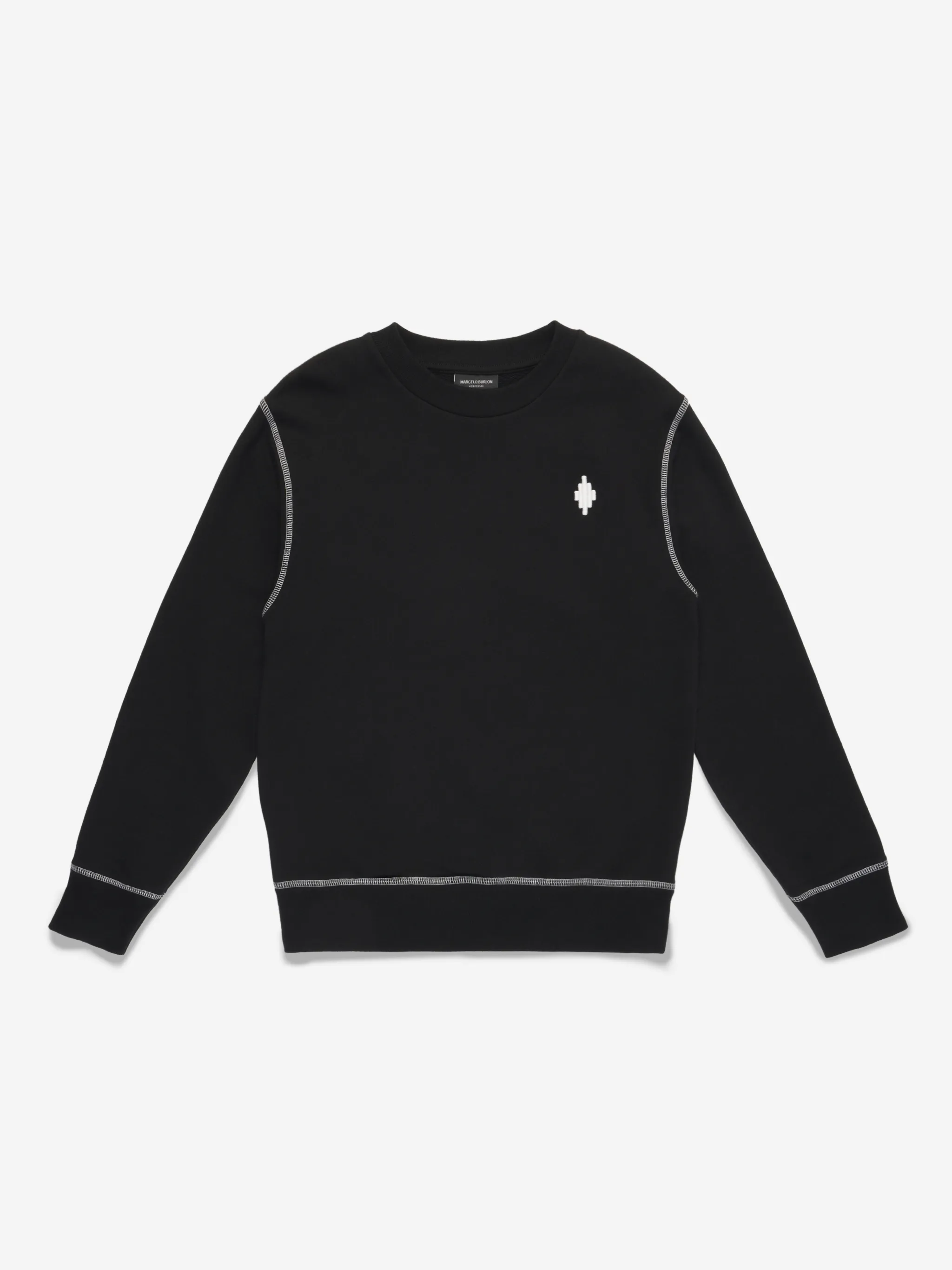 Black cotton embroidered-logo sweatshirt from Marcelo Burlon Kids featuring embroidered logo at the chest, embroidered logo to the rear, contrast stitching, ribbed detailing, round neck, long sleeves and straight hem.