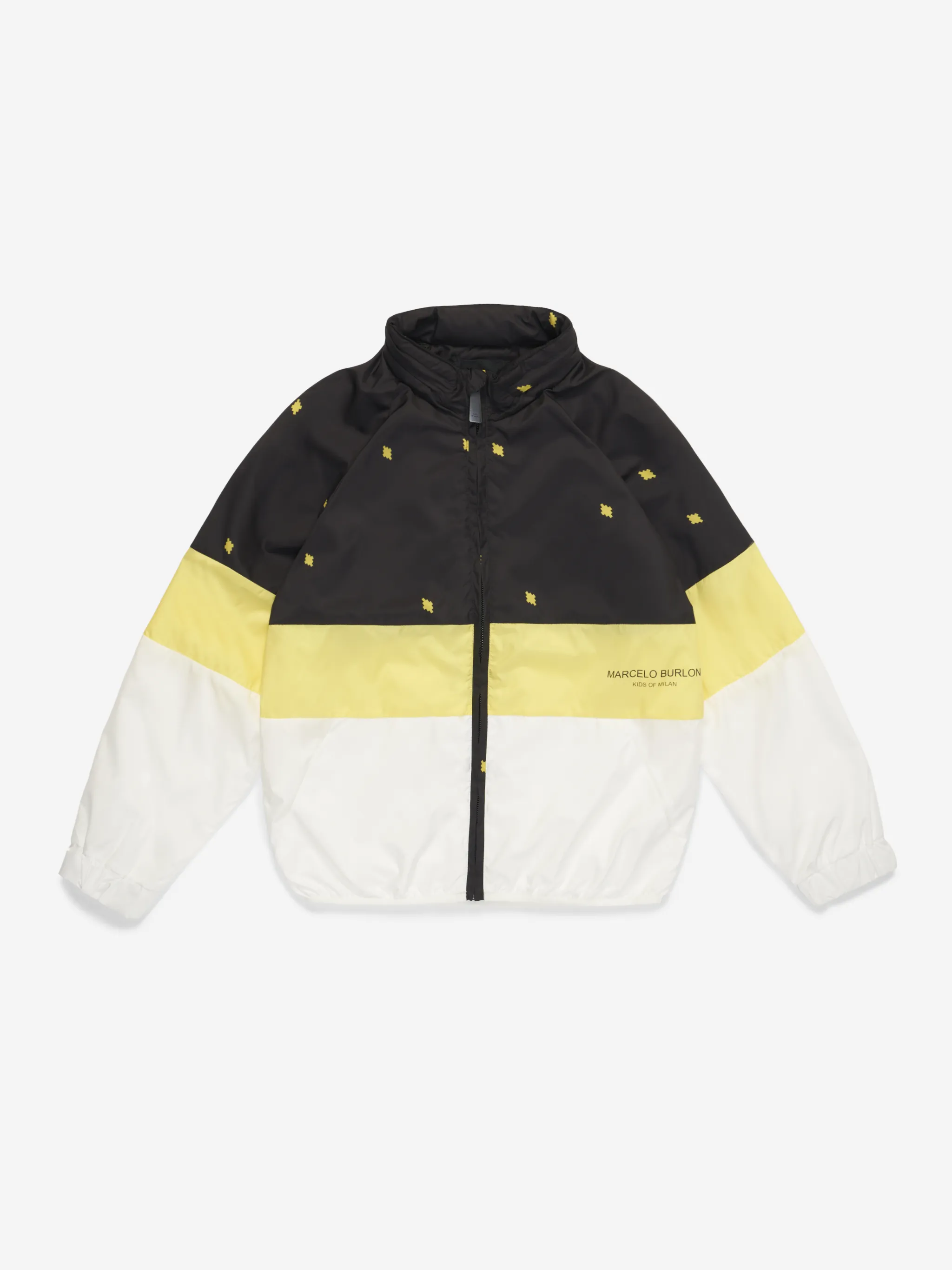 Black/yellow all-over logo print jacket from Marcelo Burlon Kids featuring horizontal stripe print, all-over logo print, front zip fastening and long sleeves.