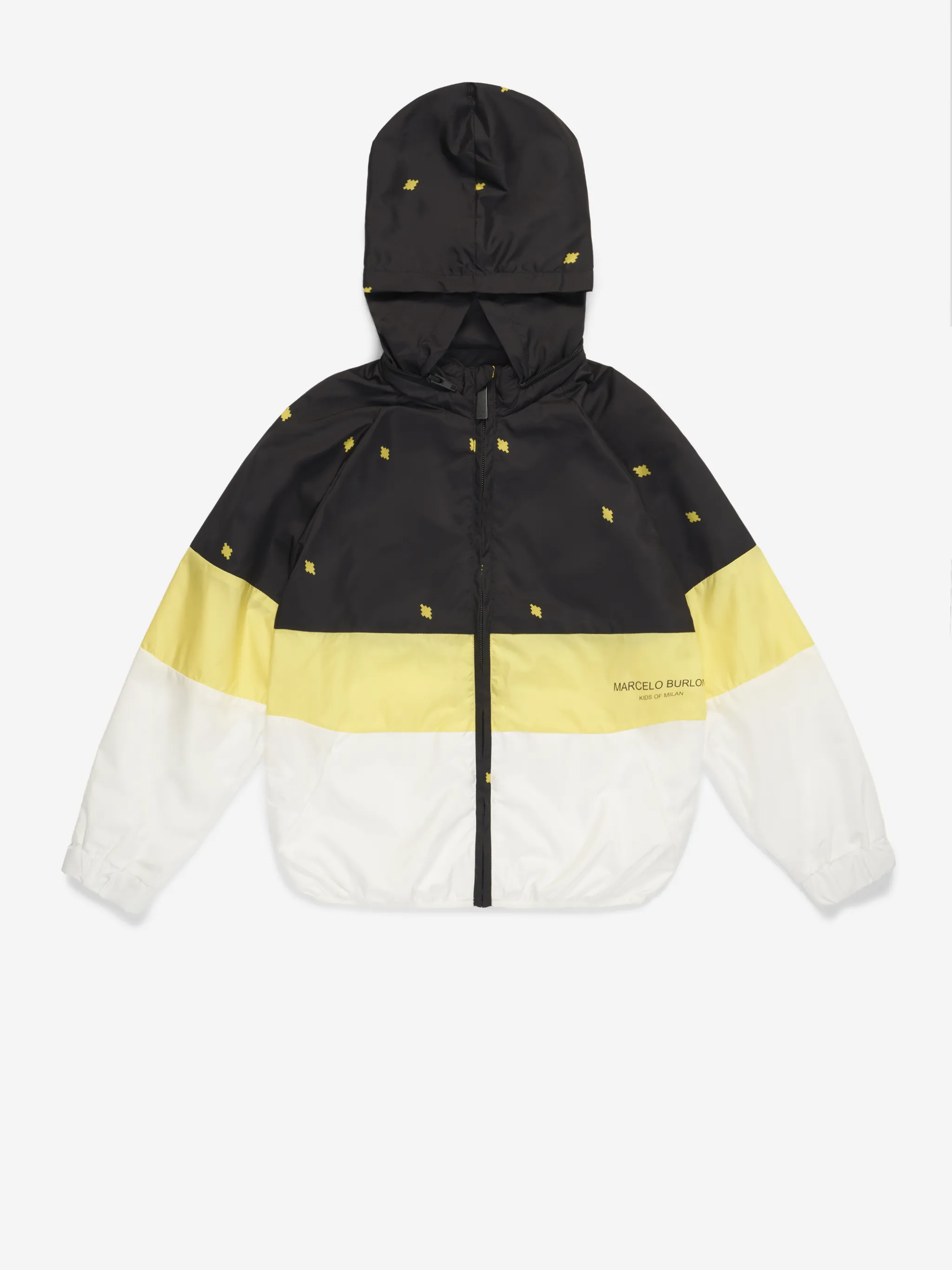 Black/yellow all-over logo print jacket from Marcelo Burlon Kids featuring horizontal stripe print, all-over logo print, front zip fastening and long sleeves.