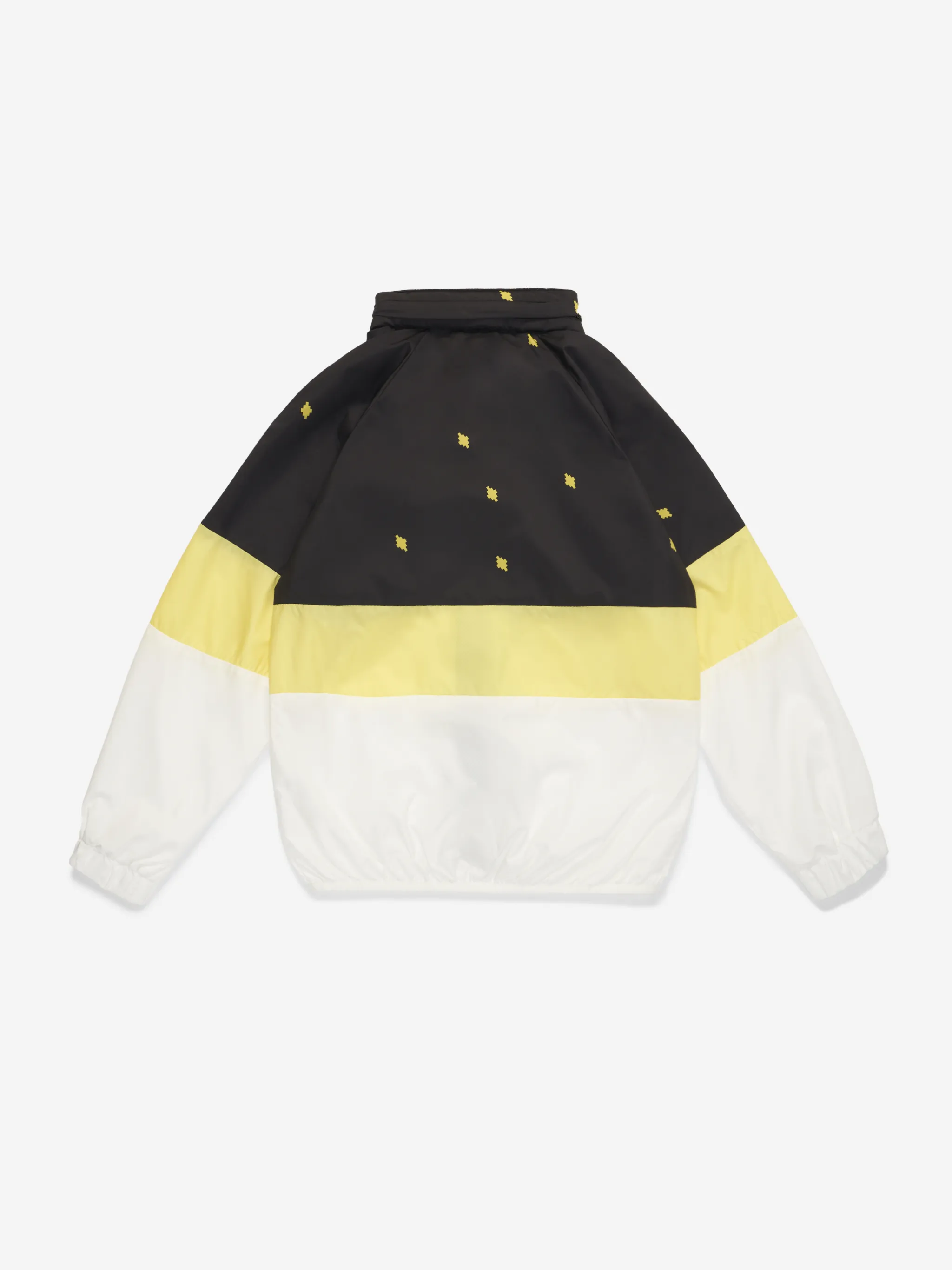 Black/yellow all-over logo print jacket from Marcelo Burlon Kids featuring horizontal stripe print, all-over logo print, front zip fastening and long sleeves.