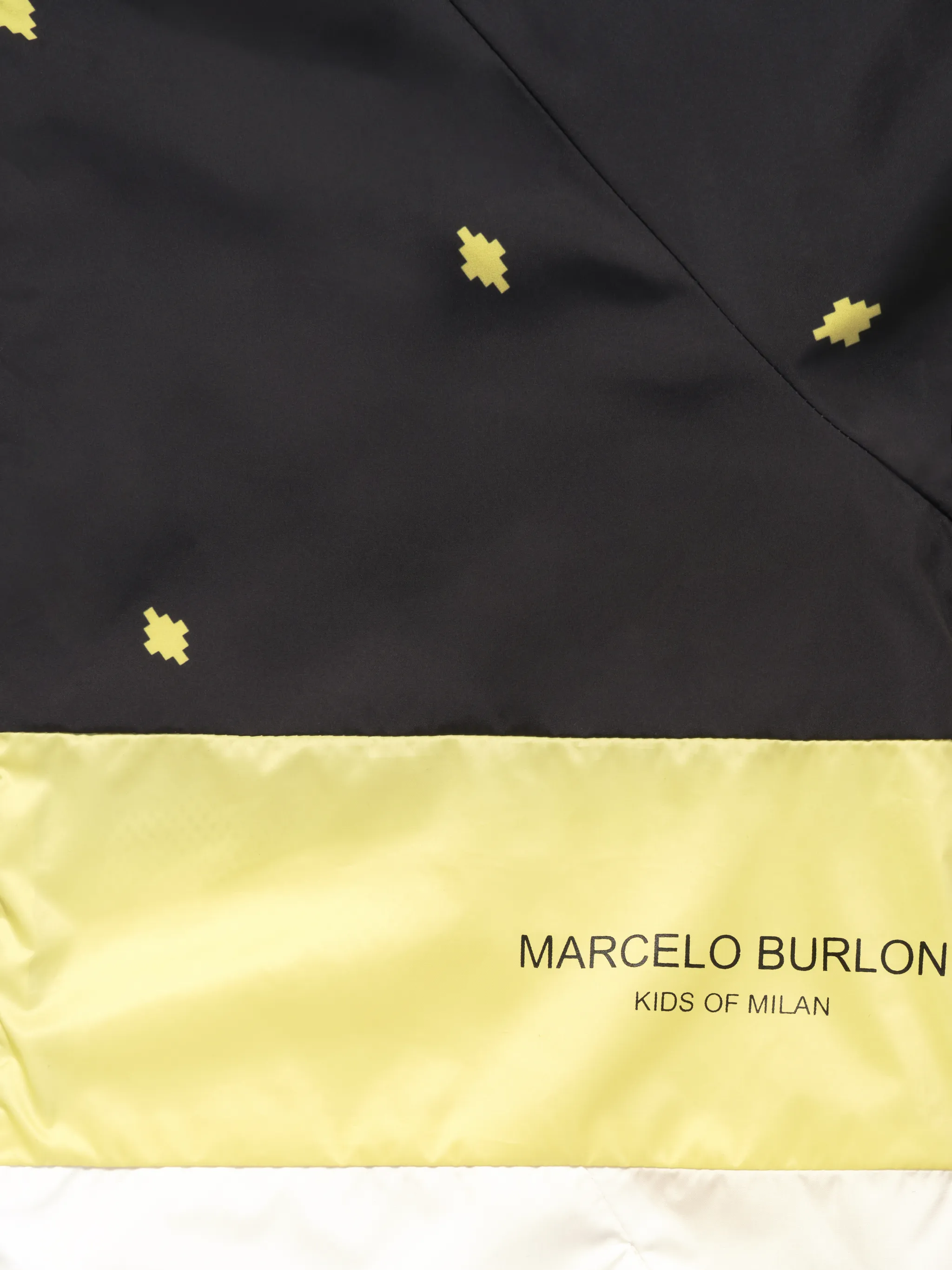 Black/yellow all-over logo print jacket from Marcelo Burlon Kids featuring horizontal stripe print, all-over logo print, front zip fastening and long sleeves.