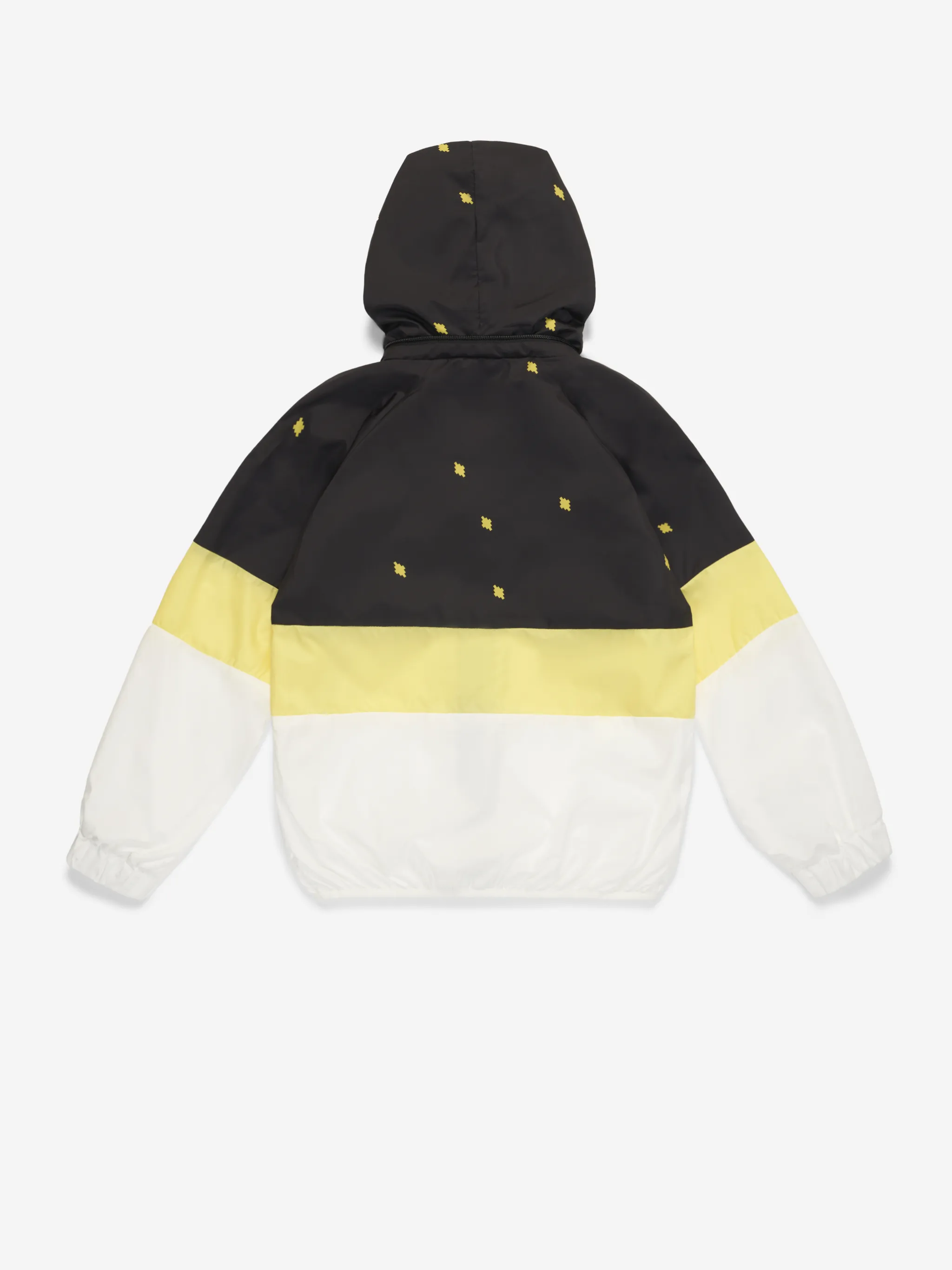 Black/yellow all-over logo print jacket from Marcelo Burlon Kids featuring horizontal stripe print, all-over logo print, front zip fastening and long sleeves.