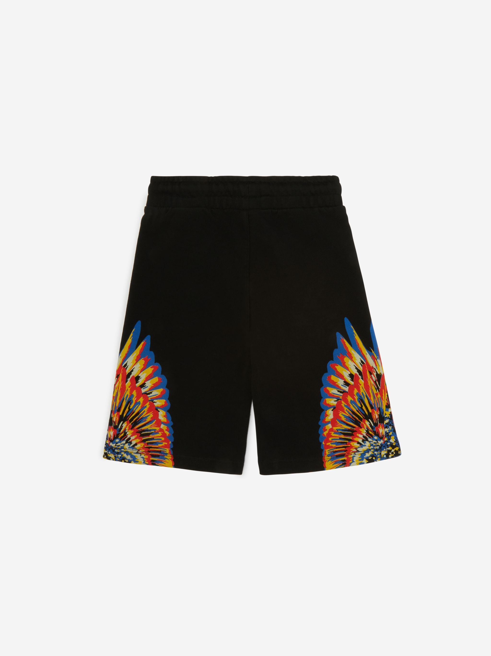 Black cotton Tempera Wings printed shorts from Marcelo Burlon Kids featuring signature Marcelo Burlon Wings print, elasticated waistband, drawstring fastening, two side inset pockets and straight leg.
