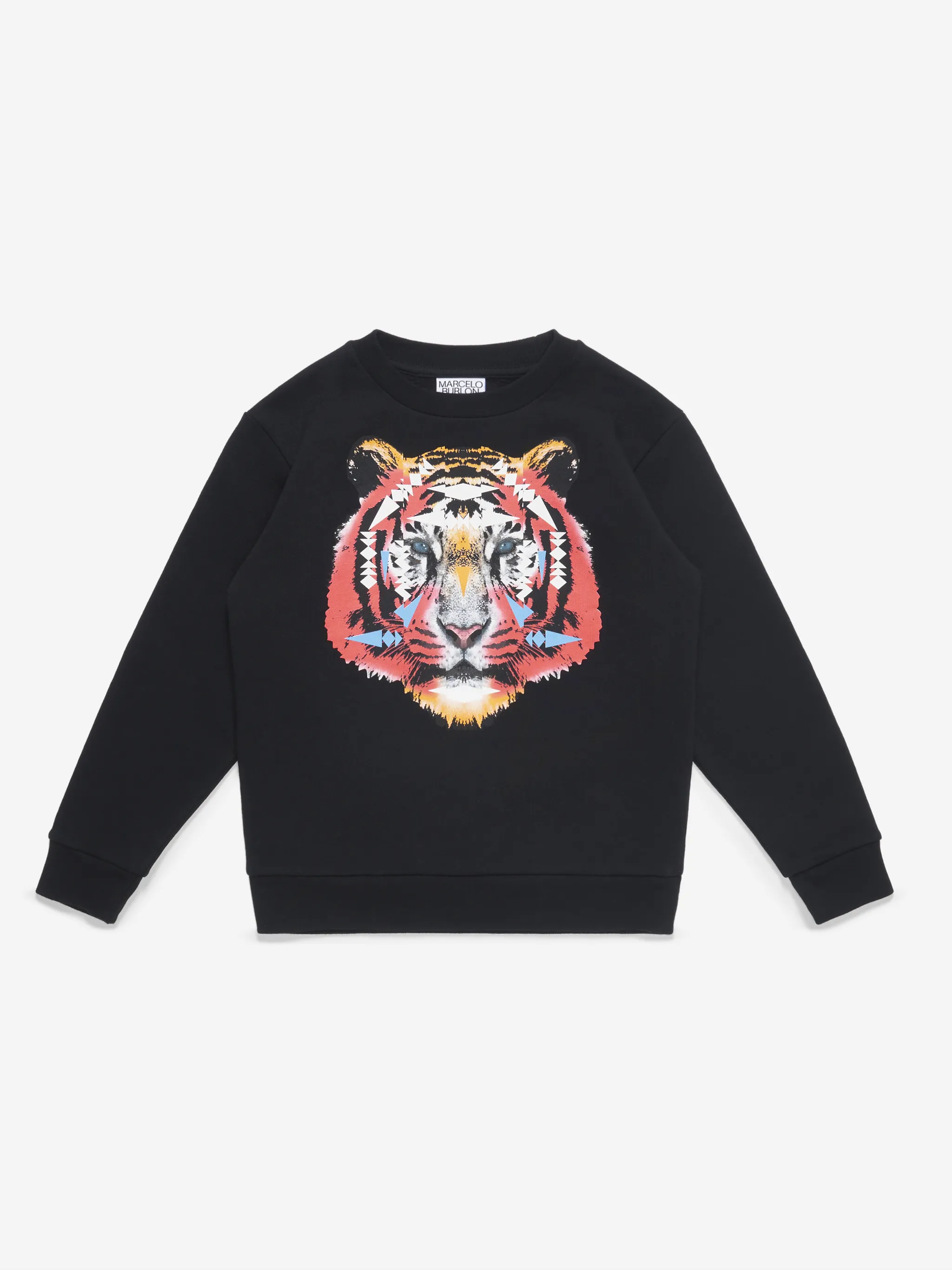 Black/coral red cotton-blend tiger-motif cotton sweatshirt from Marcelo Burlon Kids featuring jersey fleece, tiger print, crew neck, long sleeves, fitted-cuff sleeves and straight hem.