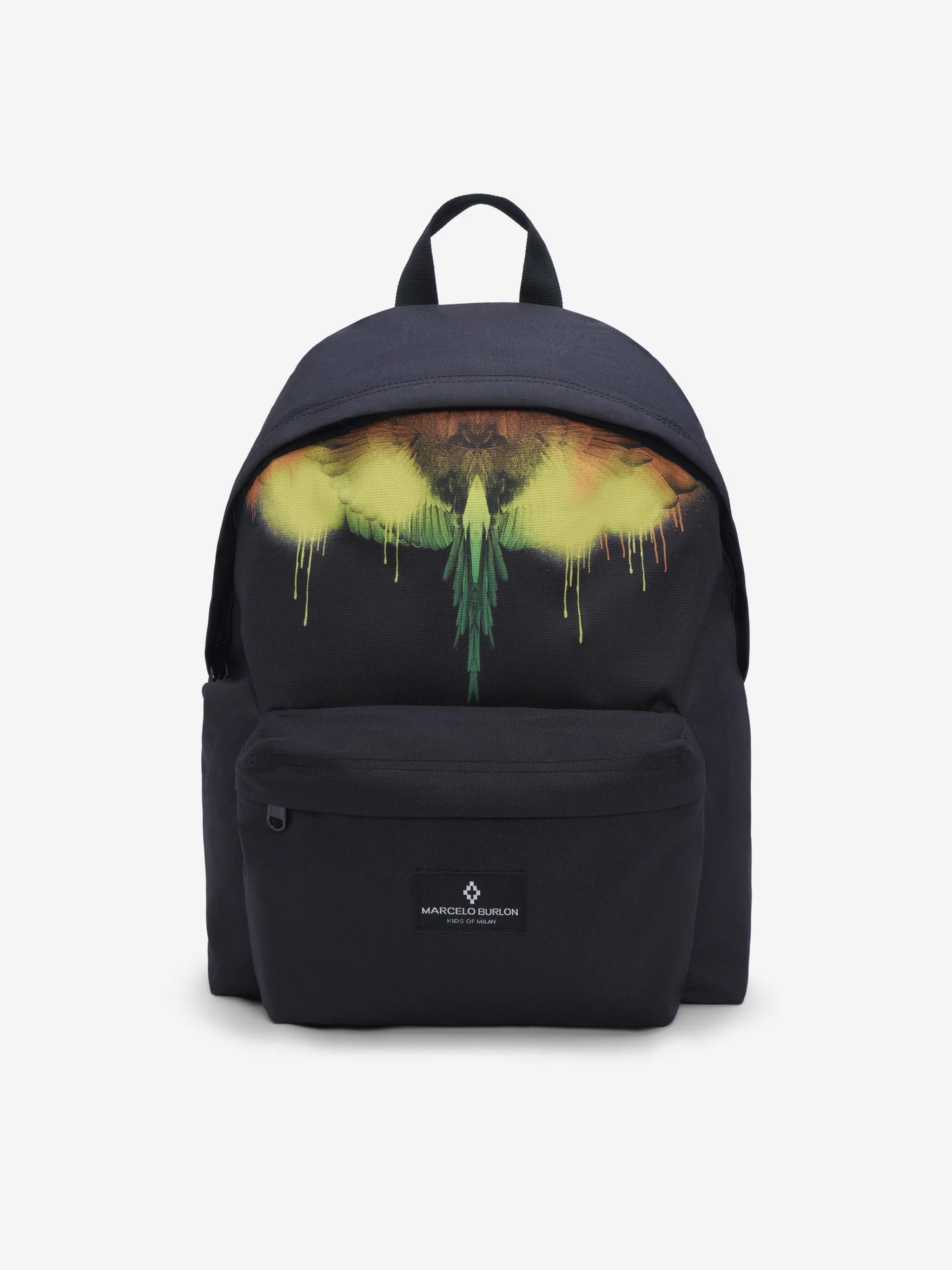 Black/multicolour Spray Wings backpack from Marcelo Burlon Kids featuring signature Marcelo Burlon Wings print, two adjustable shoulder straps, single rounded top handle, logo print to the front, front zip-fastening pocket and all-around zip fastening.
