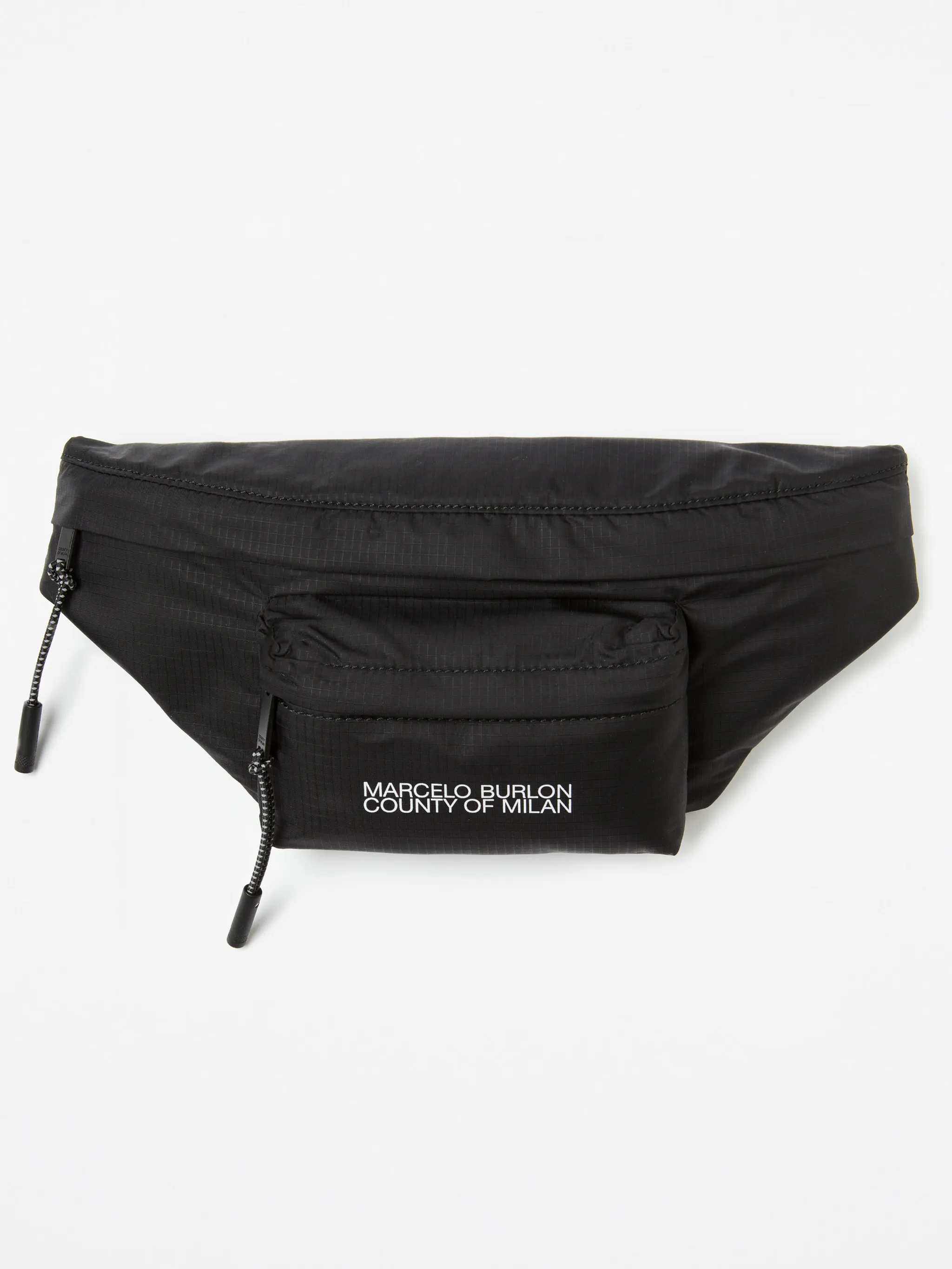 Black/white logo-print belt bag from Marcelo Burlon County of Milan featuring logo print to the front, top zip fastening, adjustable waist strap, front zip-fastening compartment and main compartment.