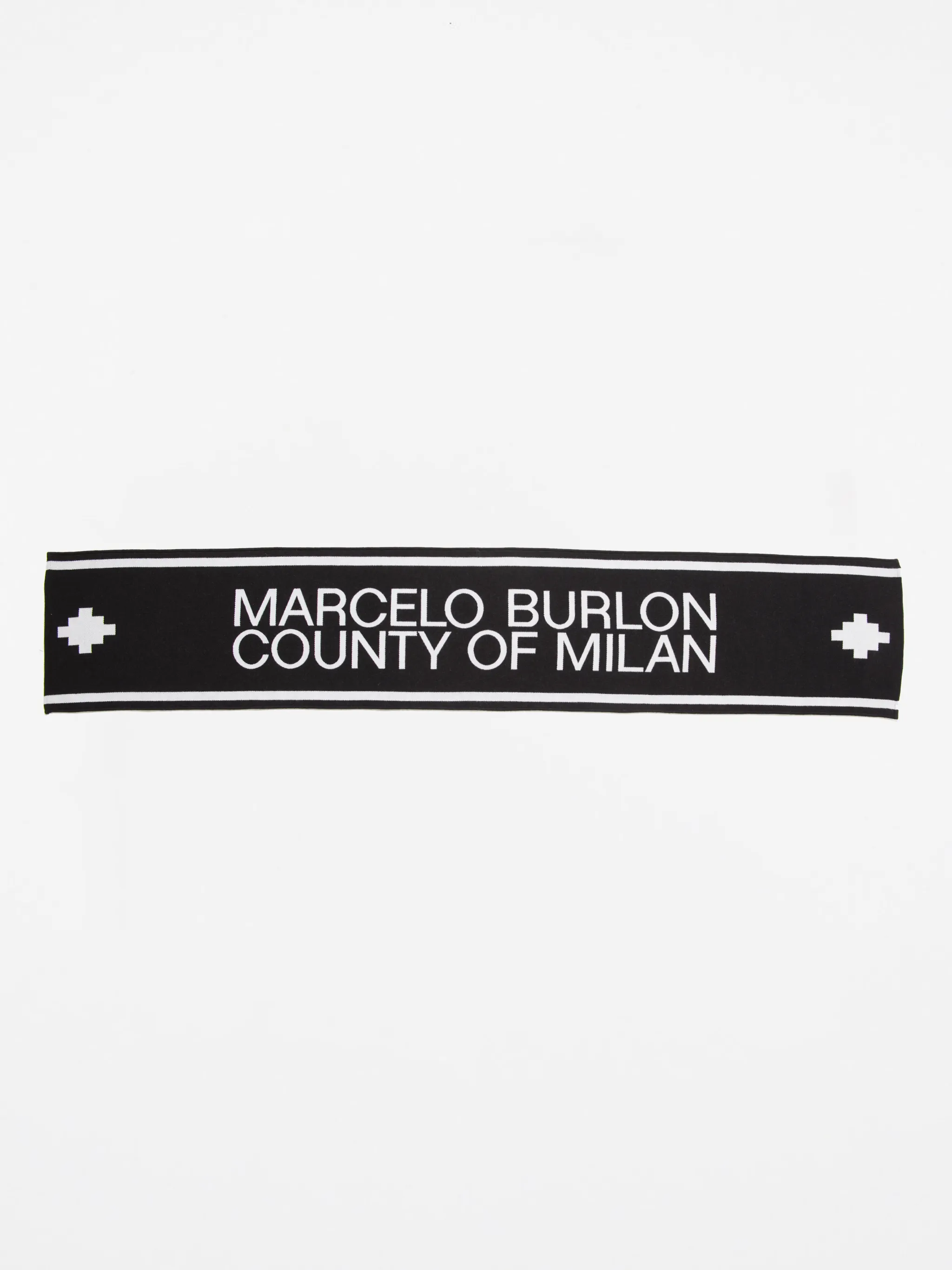 Black/white wool-cotton blend logo-jacquard scarf from Marcelo Burlon County of Milan featuring jacquard logo motif.