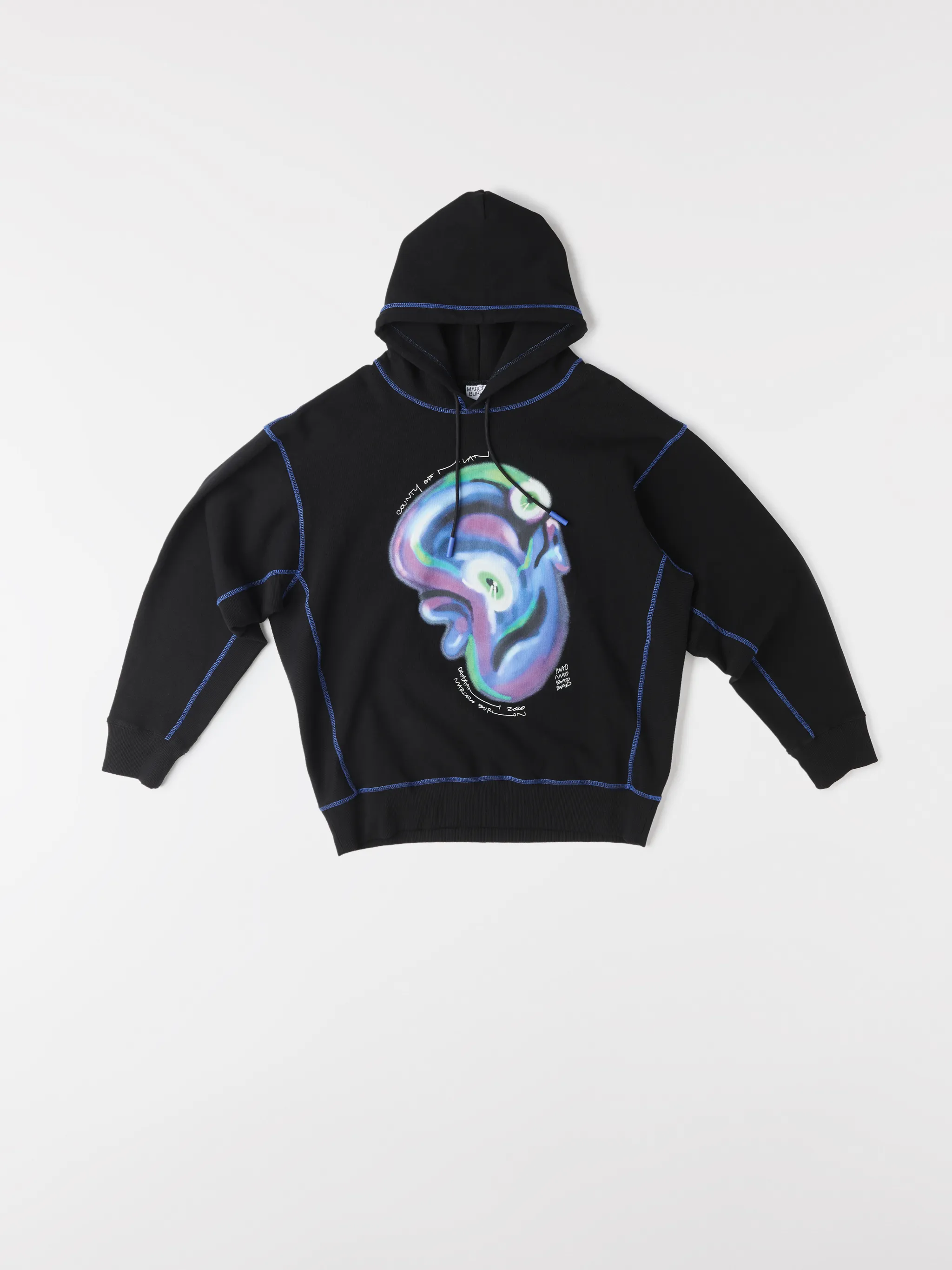 Black Mad Face cotton hoodie from Marcelo Burlon County of Milan featuring graphic print, logo print to the rear, contrasting trim, drawstring hood, long sleeves and straight hem.
